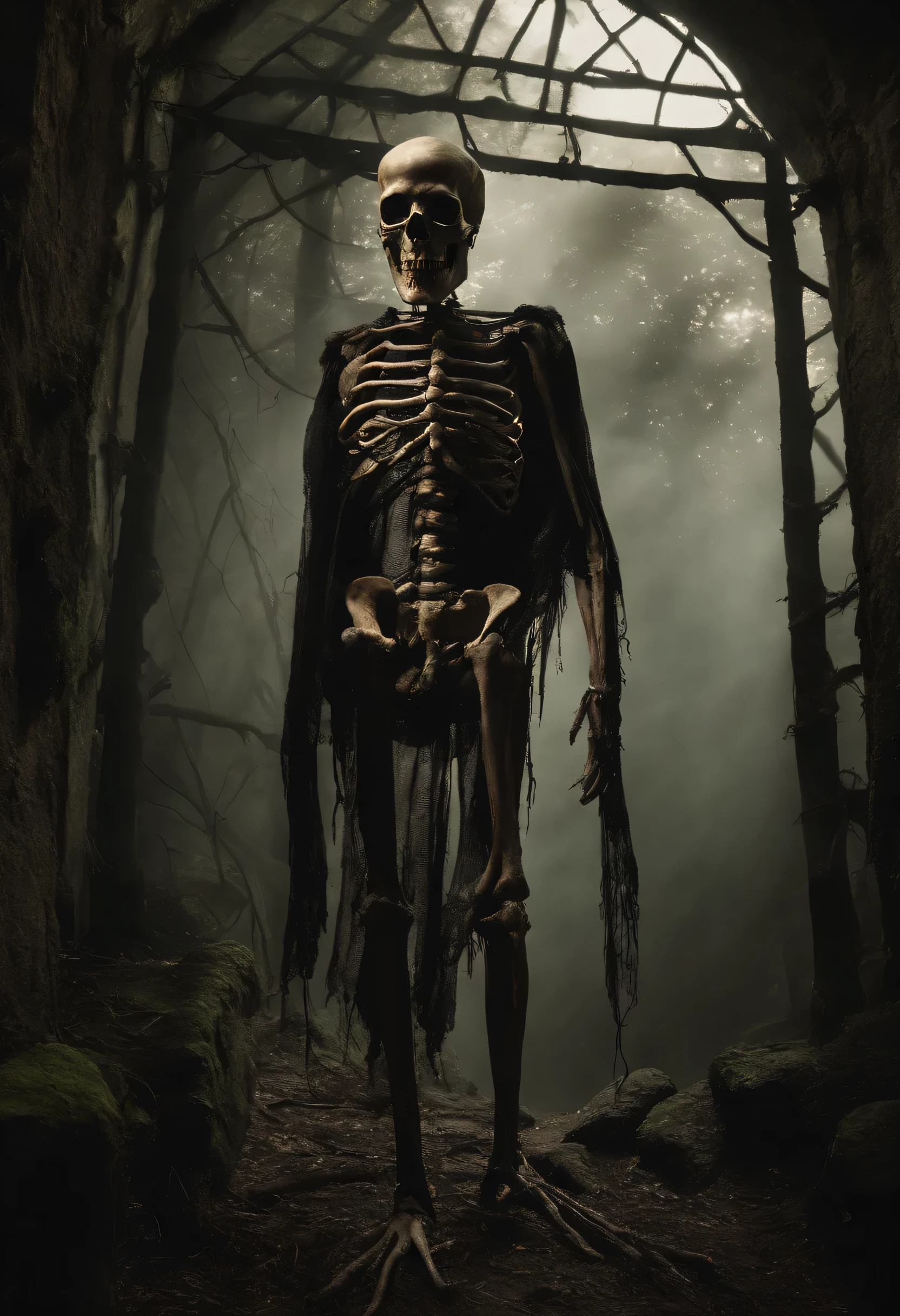 Em um beco sombrio de Gordon City, a cadaverous figure emerges from the shadows, like it came straight out of a horror movie. Your skeletal body, blackened by decay, is covered in dirt, trapos rasgados., revealing exposed, pale bones, pele putrefeita. Seus olhos vazios e sem vida encaram fixamente, reflecting the darkness and emptiness of your damned soul. Cabelos emaranhados e sujos caem em mechas desgrenhadas em torno de seu rosto macilento, enquanto um sorriso sinistro e desfigurado revela fileiras de dentes podres e quebrados. Cada passo arrastado e desajeitado ecoa pelo beco, acompanhado pelo som de ossos rangendo e carne apodrecida se desfazendo. Uma aura de morte e desespero paira ao redor dessa figura horripilante, fazendo com que qualquer um que se depare com ela sinta um arrepio na espinha e um medo profundo e primal. This cadaverous creature is like a macabre reminder of mortality and decay, a presence that inspires horror and repulsion in all who are unfortunate enough to witness it.
