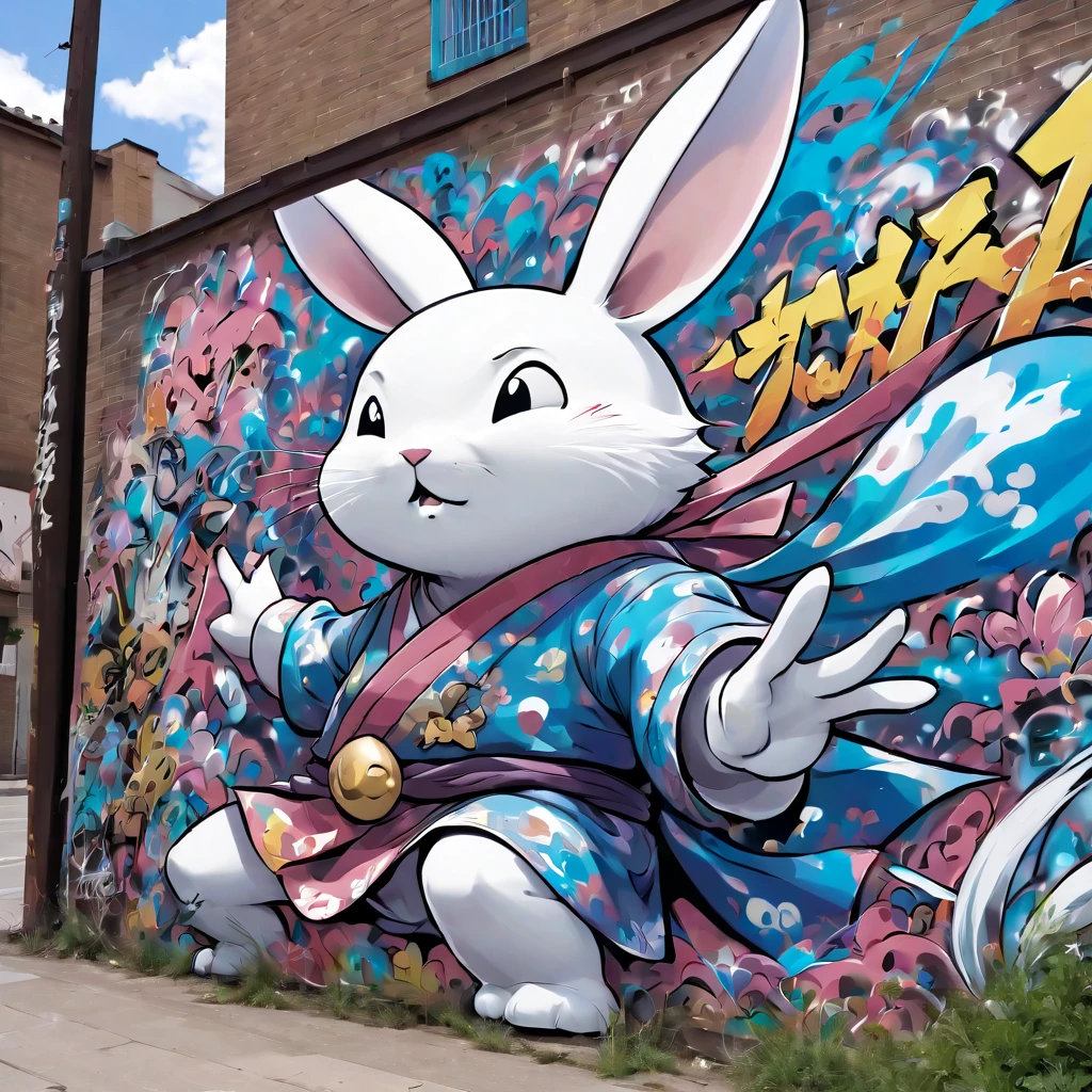 (masterpiece, best quality), magical Usagi Yojimbo Graffiti Comics on wall, ultra detail Graffiti background, wide shot, magical details, aerial view,