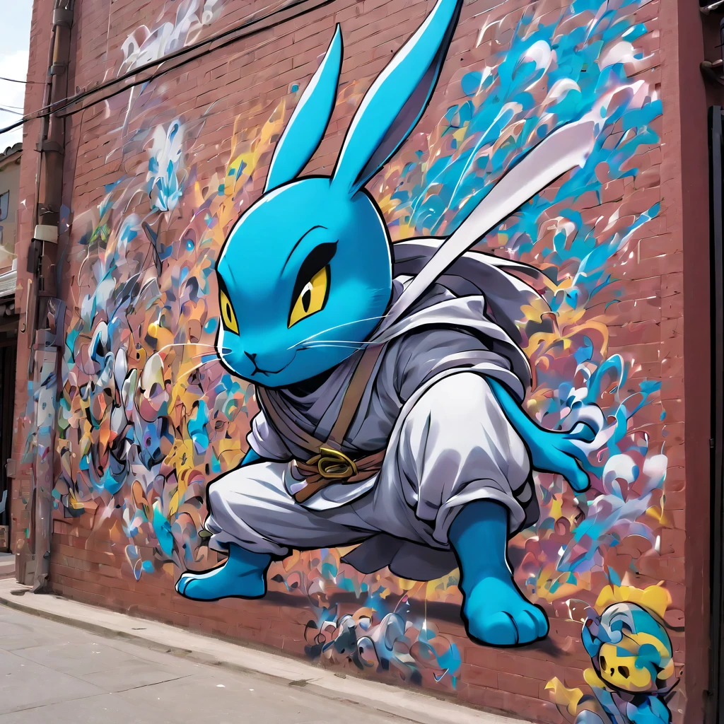 (masterpiece, best quality), magical Usagi Yojimbo Graffiti Comics on wall, ultra detail Graffiti background, wide shot, magical details, aerial view,