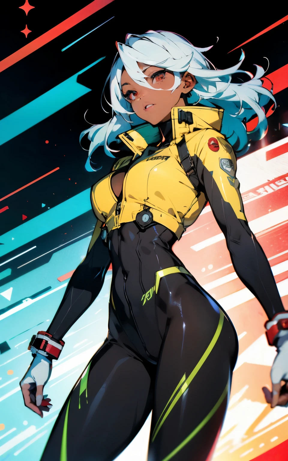 (((muscular Black Woman))), ((Best Quality)), ((masutepiece)), (Detailed: 1.4), (Absurd), 35-year-old adult woman with Simon Bisley-style micro thong, Genesis evangelion neon style clothing, 2-piece clothing, Long white hair, arm tatoo, cybernetic hands, pastel, Centered, scale to fit the dimensions, nffsw (High dynamic range),Ray tracing,NVIDIA RTX,Hyper-Resolution,Unreal 5,Subsurface Dispersion, PBR Texture, Post-processing, Anisotropy Filtering, depth of fields, Maximum clarity and sharpness, Multilayer textures, Albedo and specular maps, Surface Shading, accurate simulation of light and material interactions, Perfect proportions, Octane Render, Two-tone lighting, Wide aperture, Low ISO, White Balance, thirds rule, 8K Raw, Crysisnanosuit,loraeyes,nijistyle,pantyhose,Red eyes, yellow jacket