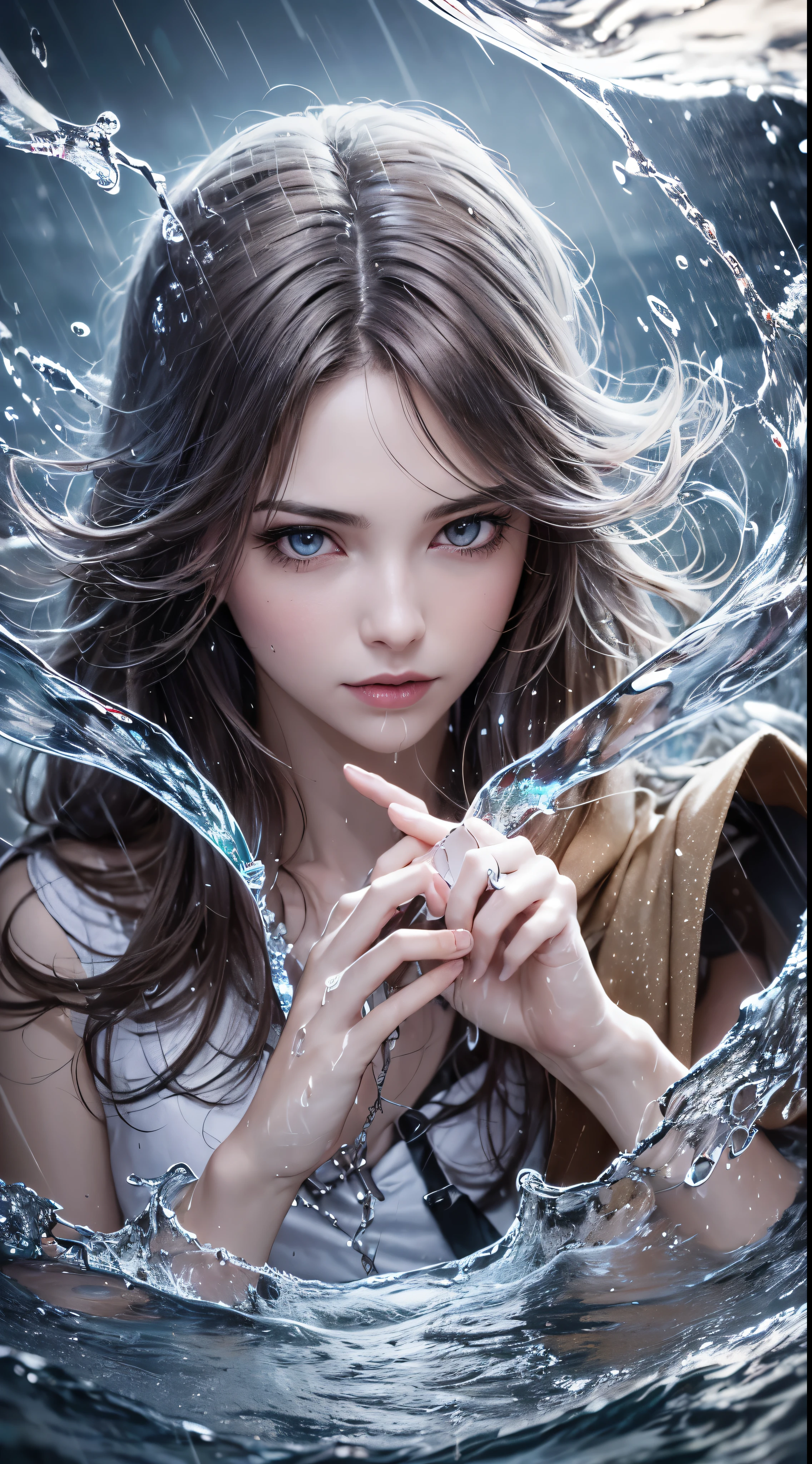 (skin dents:1.5), realistic, realistic, (table top:1.5), concept art, intricate details, very detailed, realistic, octane rendering, 8k, unreal engine, dynamic pose, highest quality, High resolution, (realistic face:1.1), (超realistic:1.1), ((full_body)), perfect eyes,(shiny skin:1.2), (((hairstyle))), (((完璧な手のvery detailed背景), haunted island, ((dynamic background)), ((lightning)), (light), (1 girl), wearing a cloak, (((flowing cloak))), ((fine eyes, high quality eyes, high quality face)), long hair, (((flowing hairstyle))), 1 girl ((controlling water)), (((whirlwind of water))), Ocean, tsunami, magic, (make a dramatic performance, written boundary depth, Bokeh, 4k, gothic, ((rain)), energy ball between hands