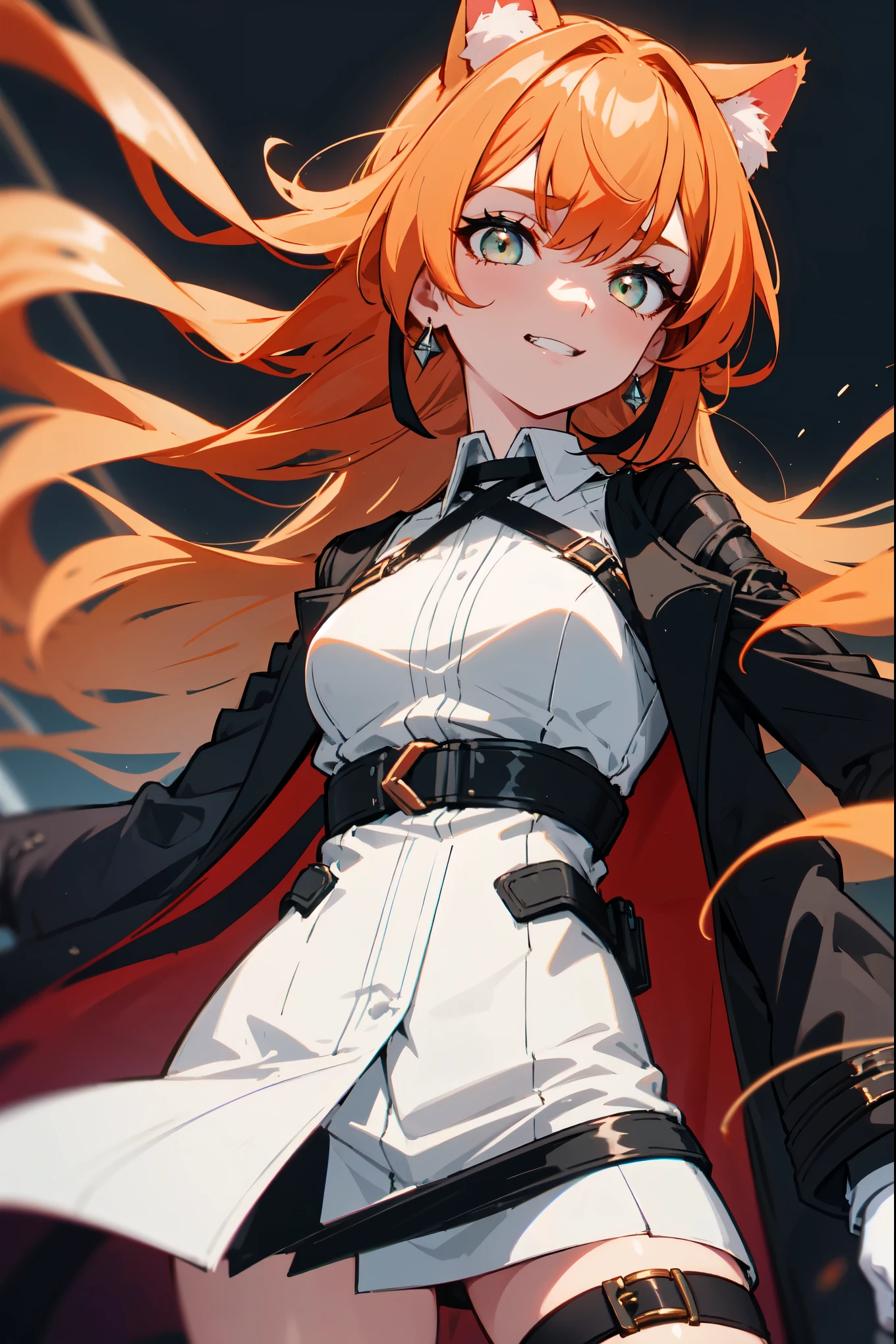 1girl, woman, solo, long hair, big hair, athletic, dark Green eyes, Copper-colored orange hair, cat ears, small breasts, devilish grin from below, white hair, (overcoat, black coat, open coat:1.2), white shirt, collared shirt, (chest harness, shoulder strap:1.15), Black miniskirt, garters Gaze, small face bangss, holster, gloves, ((from below)), elegant, looking at viewer, standing, chromatic aberration, (close-up to face:1.2), face only masterpiece, best quality, 4k