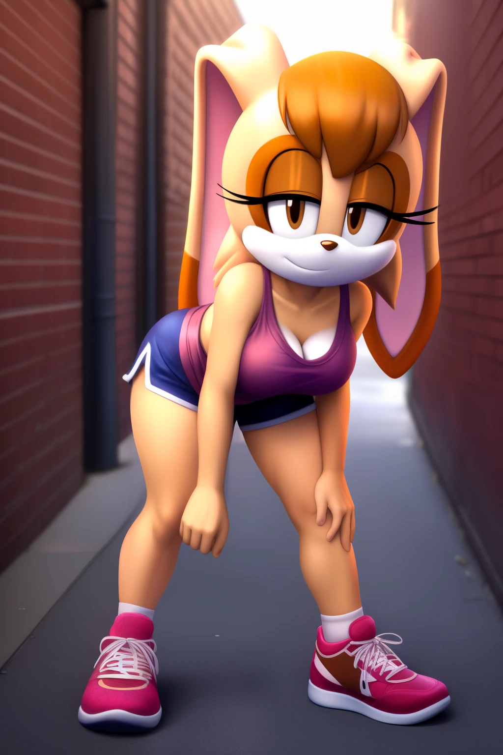 upper body, (Vanilla the rabbit:1.1), 1girl, brown hair, orange hair, Short hair, big breasts,baggy tank top (pink tank top), shorts, sport shoes, city alley, detailed, masterpiece, hips, half-closed eyes, looking at the viewer, short hair, messy hair, red headband, standing, leaning forward, sport shoes