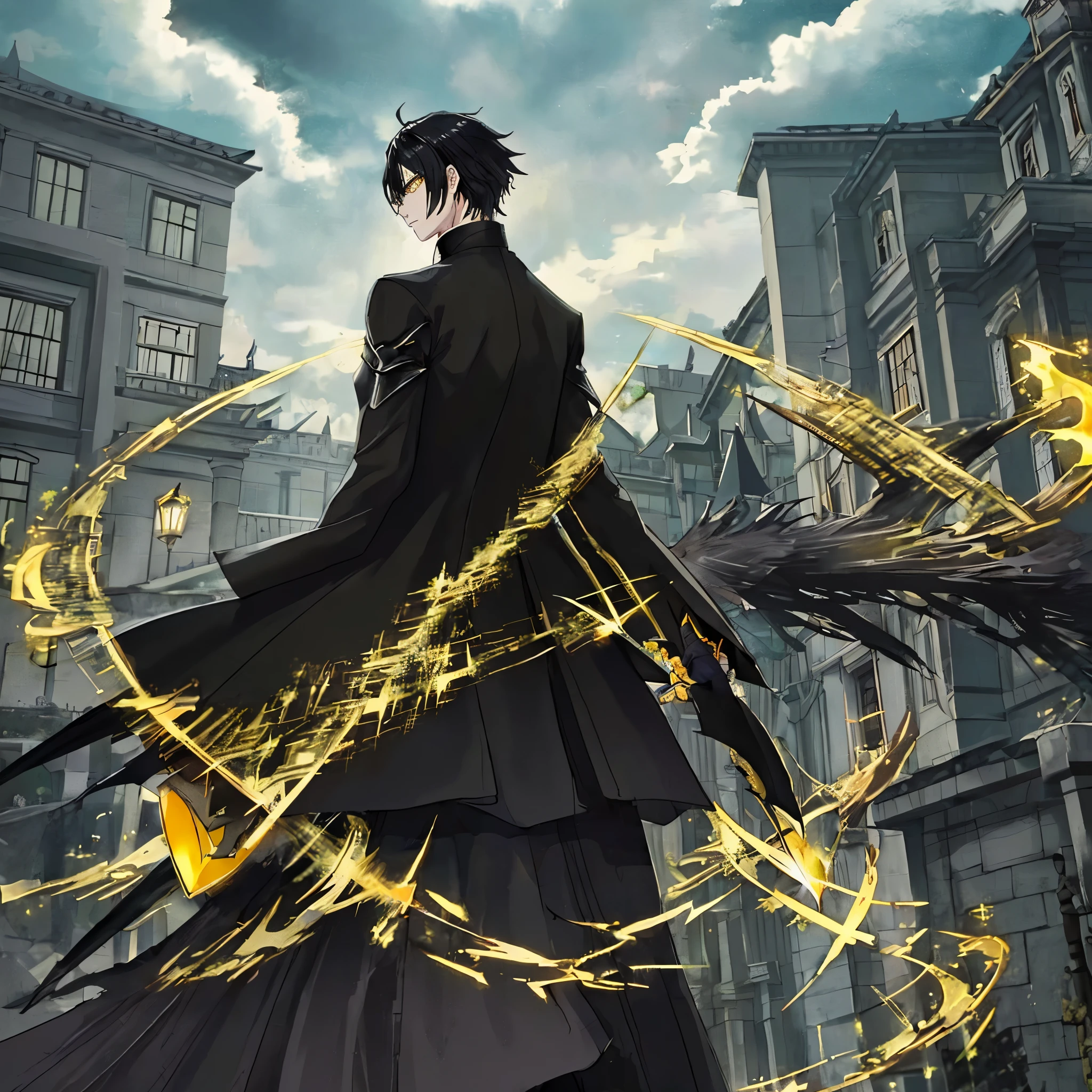 Yellow eyes, black hair, night mage, in front of a mansion, cloudy day, preparing for war, angry, from behind perspective, 1 boy