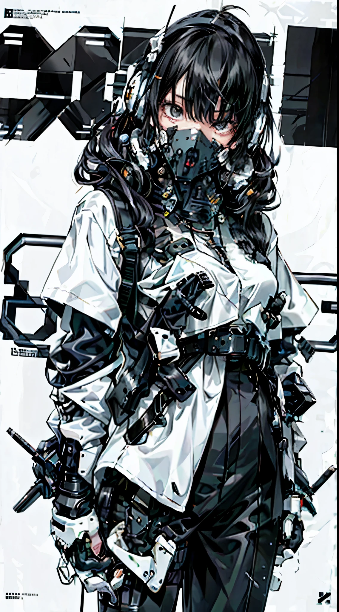 (MagazineCover:1.3),Ulzzang-6500, (Realistic: 1.3) (Original: 1.2), Masterpiece, Best quality, Beautiful clean face, full bodyesbian, 1womanl, (wearing black and white and cobalt scifi techmask and headphones with complex electronics), wearing black techwear jacket and orange trousers with buckle and tape, (Crystal necklace), posed for photo, (Brunette hair, Braids,), steampunc