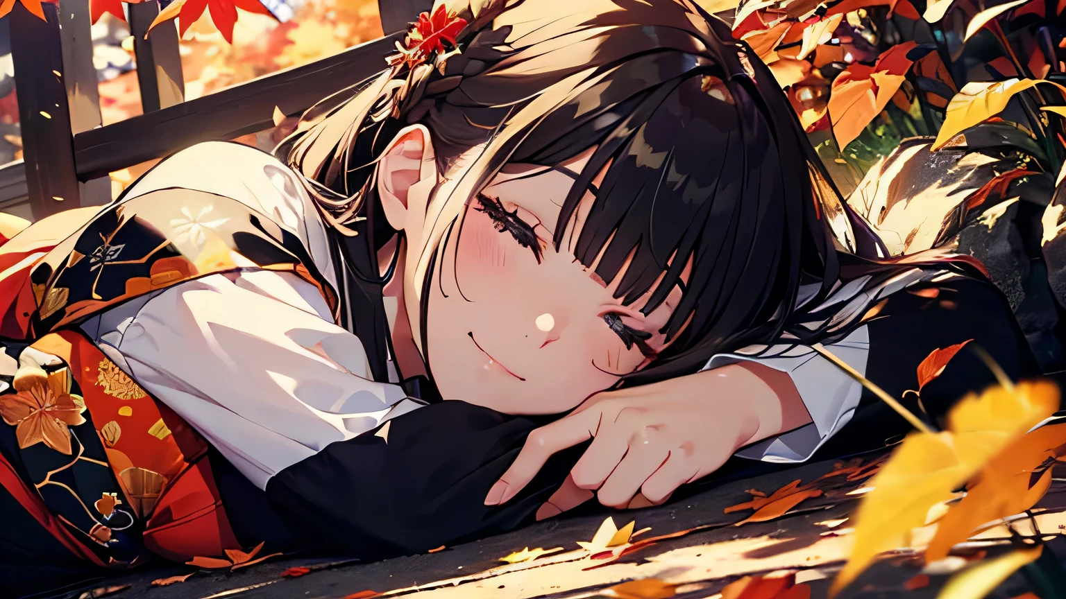 (official art、best quality、Unity 8k 桌布、32k、Masterpiece、super detailed、ultra high resolution、actual、realism:1.2)、(Light:1.2)、flame effect、film particles、Best shadows、edge Lighting、side Lights、side shot、(super detailed且複雜的 3D 渲染)、sharp pupils、actual学生、cowboy shooting, Very detailed background、pretty face、blurred background、two handsome young men、(Skin is super delicate、Detailed skin texture:1.3)、Close-up of a statue in a field of red leaves, covered with fallen leaves, red leaves on the ground, autumn garden, beautiful autumn, covered with leaves, aomori japan, charming, in Howevern, red leaves, in japanese garden, in Howevern, during Howevern, However, Japanese traditional colors, japan nature、(sleep:1.3)、(Outdoor activities、kimono、floral hair accessories、)、20Nianmei、beautiful brunette、blunt bangs、eyes are brown、a happy expression、