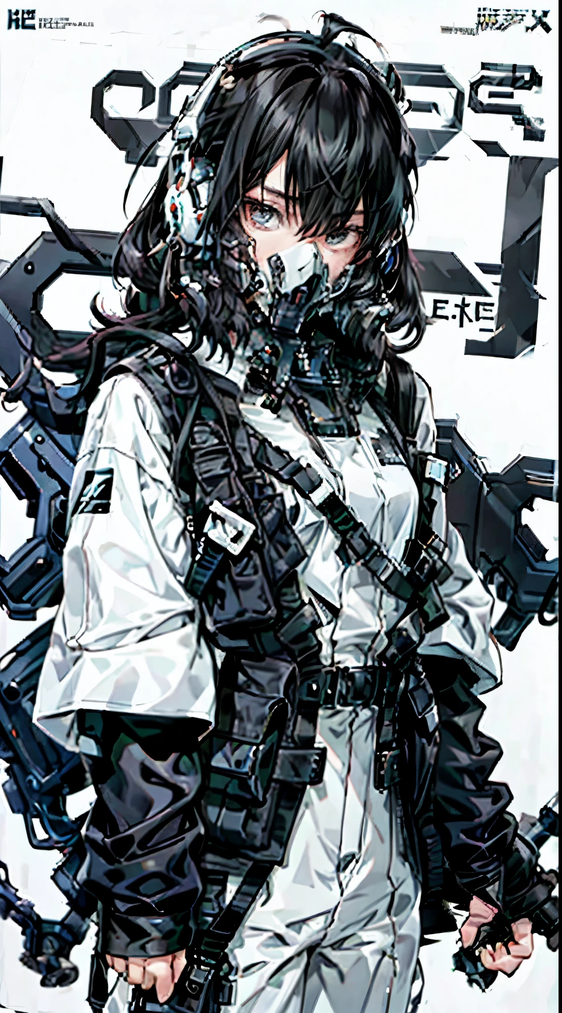 (MagazineCover:1.3),Ulzzang-6500, (Realistic: 1.3) (Original: 1.2), Masterpiece, Best quality, Beautiful clean face, full bodyesbian, 1womanl, (wearing black and white and cobalt scifi techmask and headphones with complex electronics), wearing black techwear jacket and orange trousers with buckle and tape, (Crystal necklace), posed for photo, (Brunette hair, Braids,), steampunc