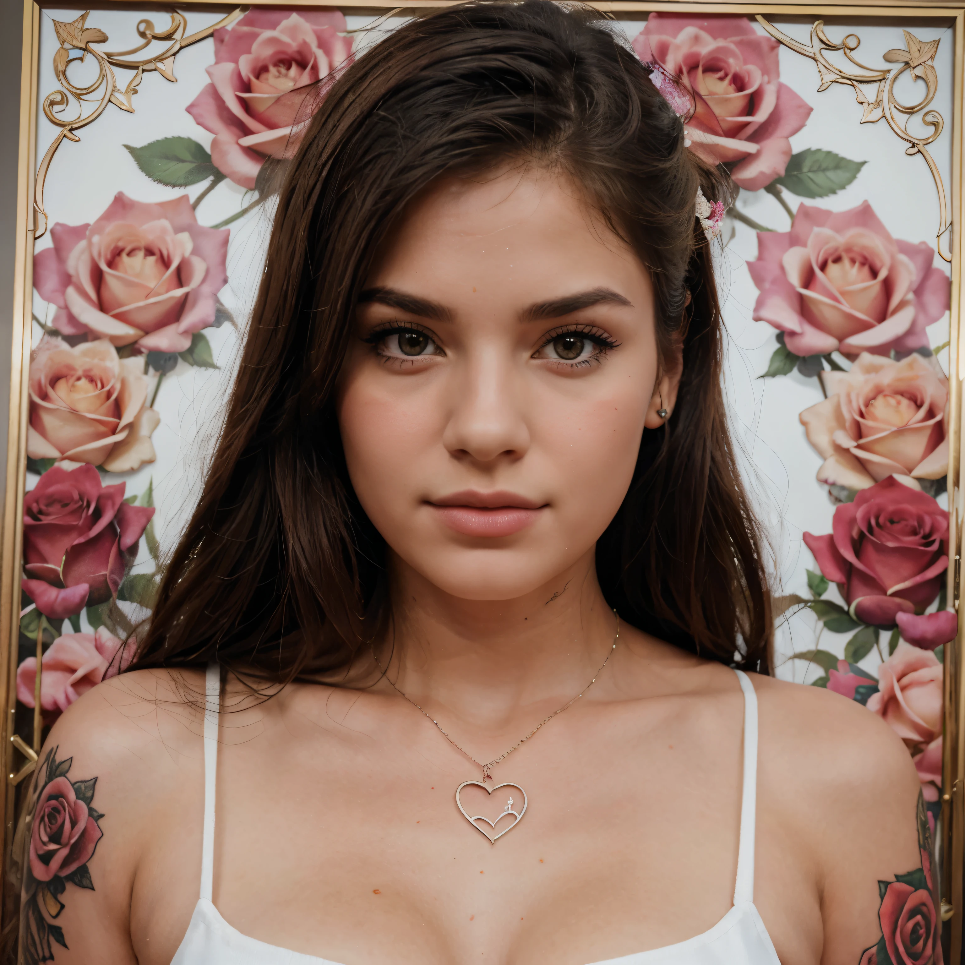 Beautiful girl perfect face with heart frame and roses. Dibujo realista para stikers o tattoo. Fondo blanco.