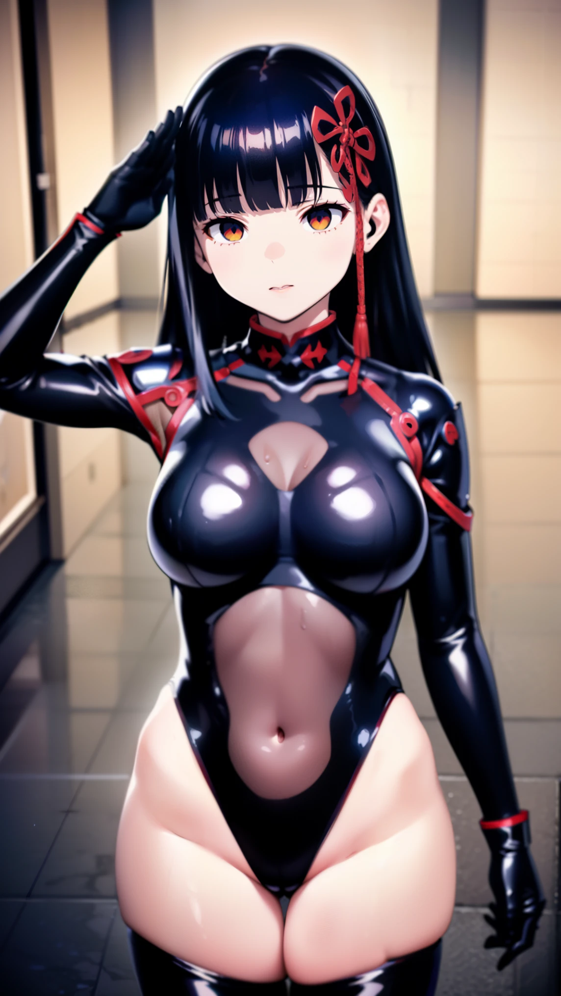 1 girl, NSFW, Yamashiro ren,(Mato Seihei no Slave), yamashiro768, clavicle, glowing red eyes,absurd, brainwashing,empty eyes,  huge breasts,erasure of emotions, No expression,(black latex tight bodysuit),look away , 全身figure, ((stand up,salute,)),(highest quality、4k、8k、High resolution、must have:1.2)、Super detailed、(reality、realisticです、realistic:1.37)、ticker、hyper hd、studio lighting、ultra definition paint、sharp focus、Physically based rendering、extreme details、Professional specifications、vibrancy and color、blurry、sports portrait、landscape、horror style、anime big breasts、SF、photograph、concept artist、five fingers, perfect body,  {{{masterpiece}}}, {{{highest quality}}}, {{super detailed}}, {figure}, {{very delicate and beautiful}},Promoting cost performance、all roles、Canon 5D MK4でphotograph、photograph, 