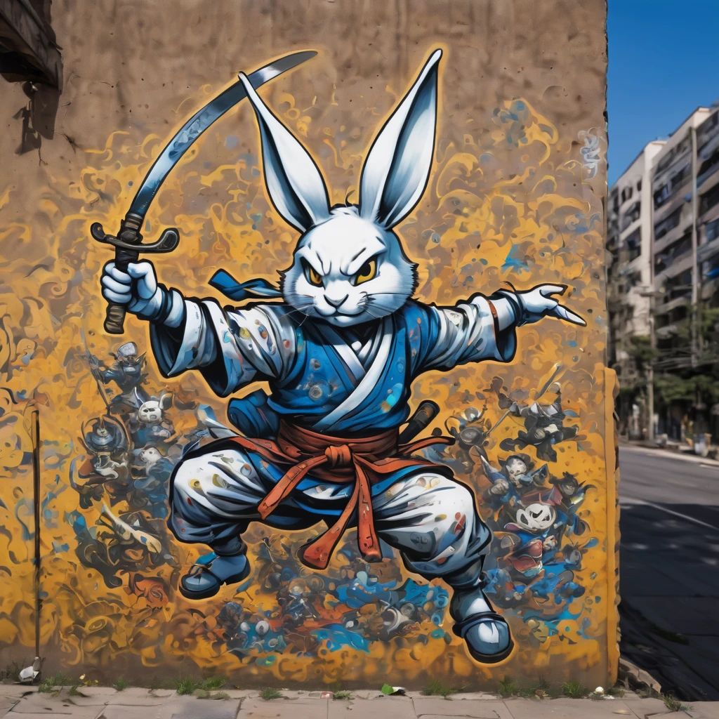 (masterpiece, best quality), magical Usagi Yojimbo Graffiti Comics on wall, ultra detail Graffiti background, wide shot, magical details, aerial view,