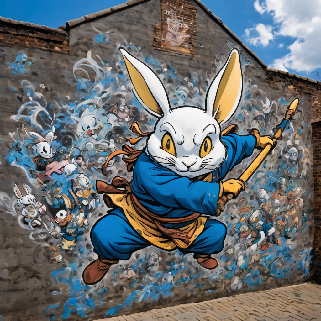 (masterpiece, best quality), magical Usagi Yojimbo Graffiti Comics on wall, ultra detail Graffiti background, wide shot, magical details, aerial view,