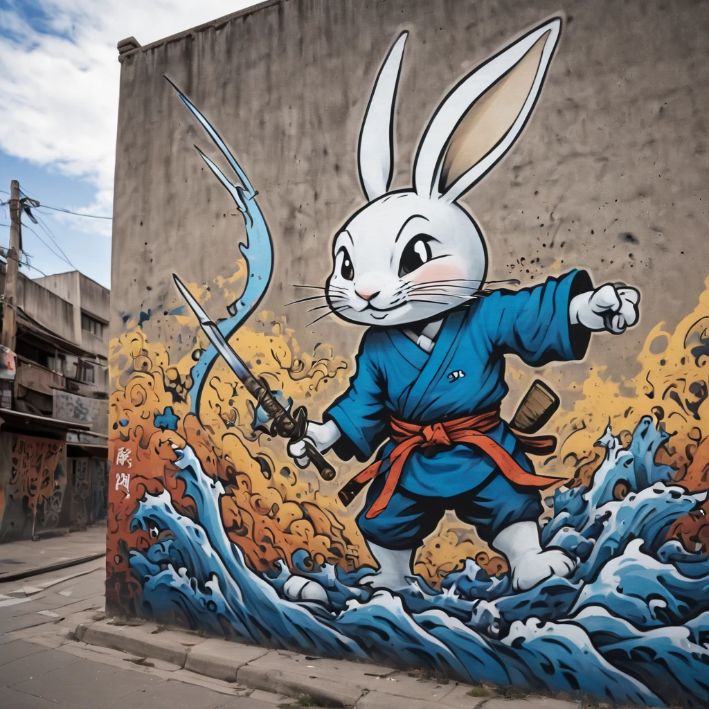 (masterpiece, best quality), magical Usagi Yojimbo Graffiti Comics on wall, ultra detail Graffiti background, wide shot, magical details, aerial view,