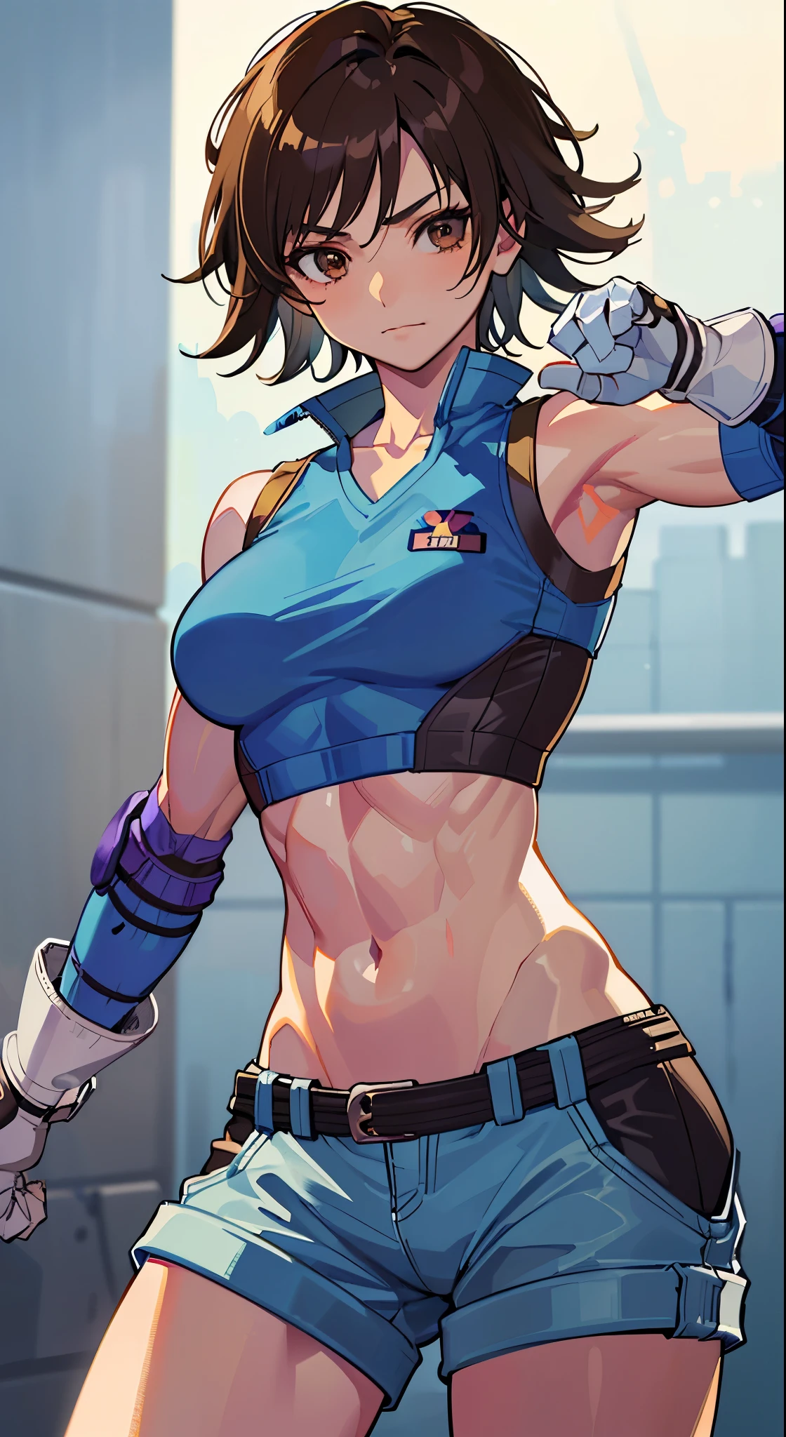 "(masterpiece、premium quality:1.2)、alone、1 girl(Asuka Kazama、muscular woman、short brown hair、white skin、brown eyes)、cowboy shot、Faint smile、combat readiness、tight clothes、good for sports、crop top、shorts、(gloves:1.1)、internal、elbow pad、abdomen、trained abdominal muscles、trained biceps