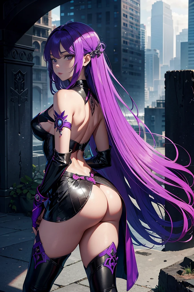 In this stunning image, we are greeted by the mesmerizing sight of a singularly captivating young woman. With her long, flowing hair cascading down her back in a shade of vibrant purple, she exudes an air of enchantment. Adorned in a sleek, one-piece skinny leather coat of the same regal hue, she cuts a striking figure against the backdrop of a desolate city ruins.
Her exquisite form is accentuated by the presence of alluring details. Tattooed upon her flawless skin, intricate designs tell tales of mystery and strength. A crimson ribbon gracefully encircles her slender waist, adding a touch of elegance to her already alluring ensemble. Purple boots, reaching up to her shapely thighs, further enhance her en