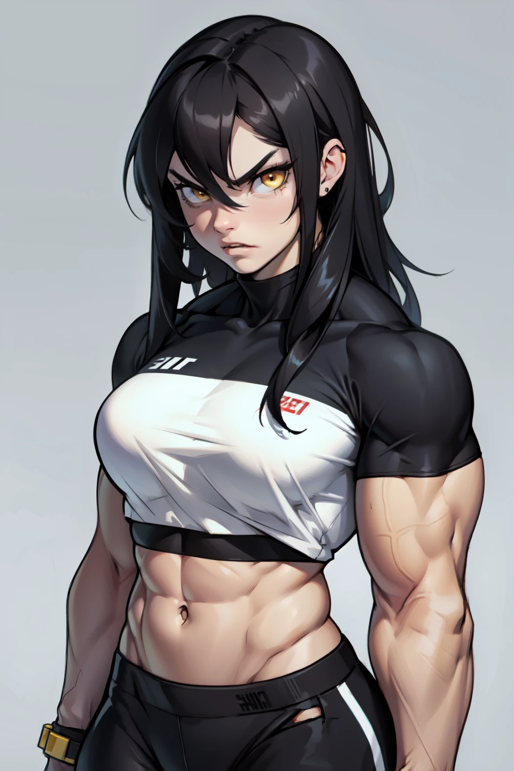 angry ((((1girl)))) (((bodybuilder))) pale skin black hair very long hair yellow eyes midriff