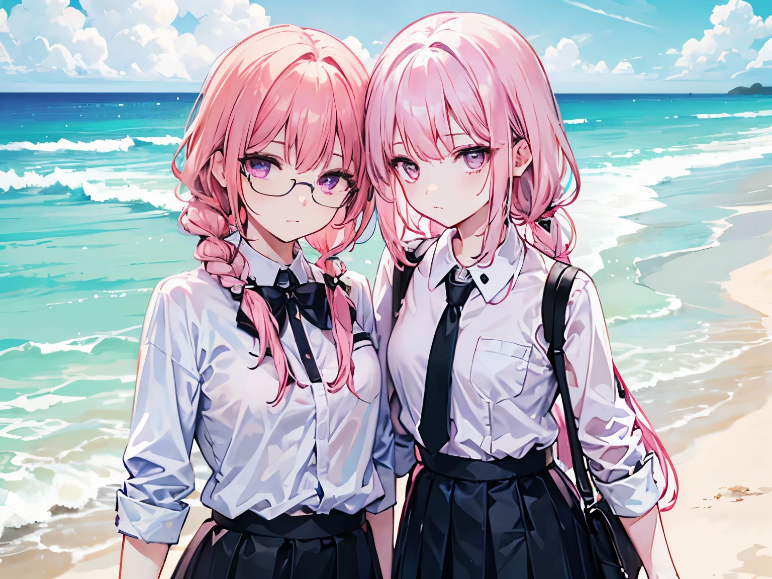 Pink Haired Girl, shyุ 25 ปี,  body, purple eyes, long hair,Green braid tied in bows left and right.....wear glasses........small breasts, Wear a white shirt... Wear a black miniskirt... From America...Wear a black bra...,(shy).....The background is a sandy beach. Picture R18