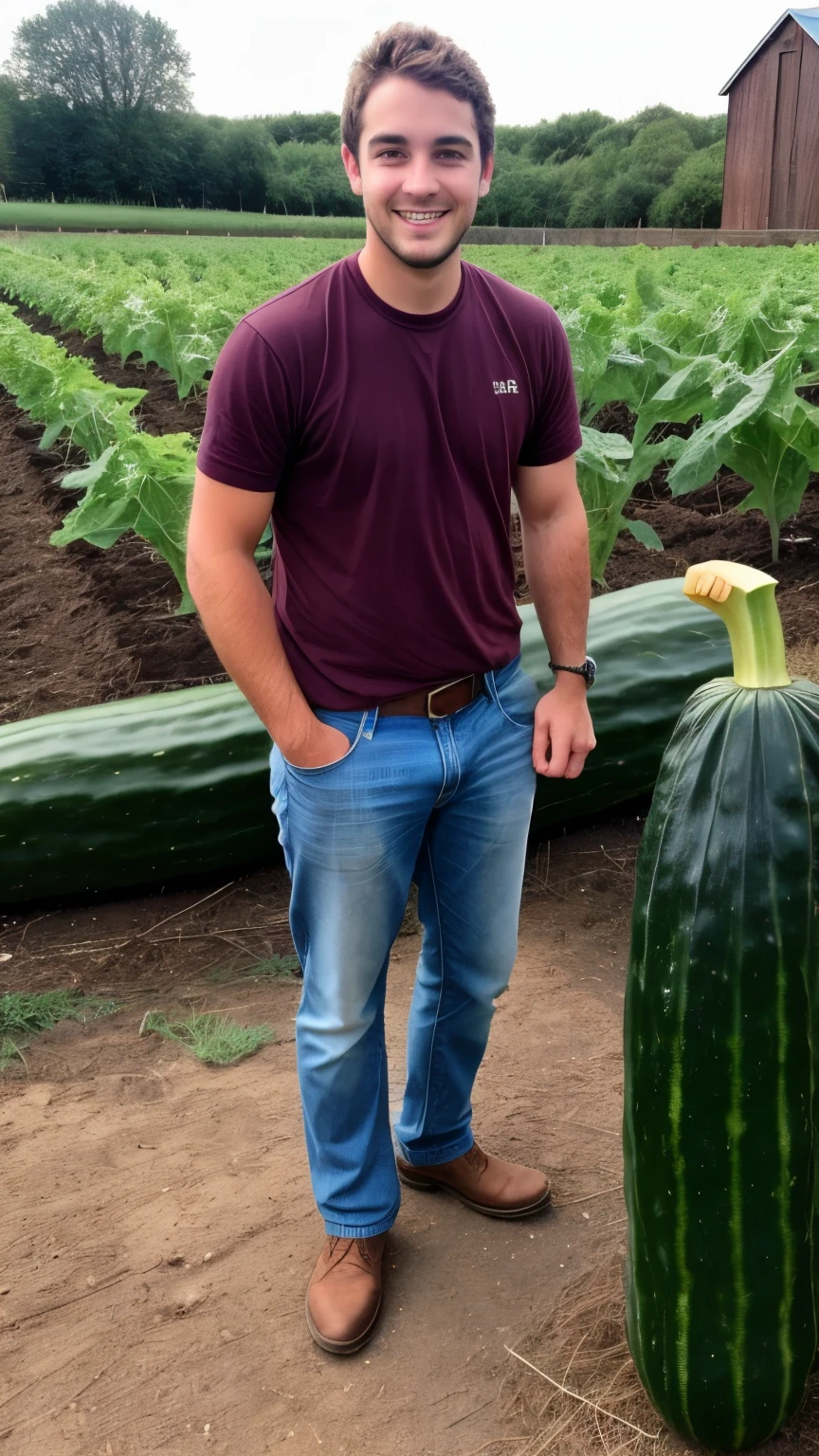 a 25-year-old man in farmer's clothes, too happy because he found a giant cucumber in his garden