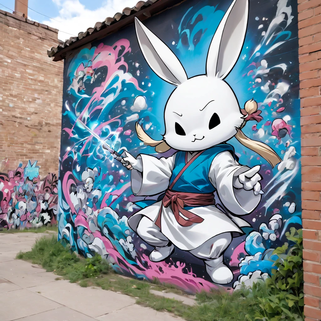 (masterpiece, best quality), magical Usagi Yojimbo Graffiti Comics on wall, ultra detail Graffiti background, wide shot, magical details, aerial view,