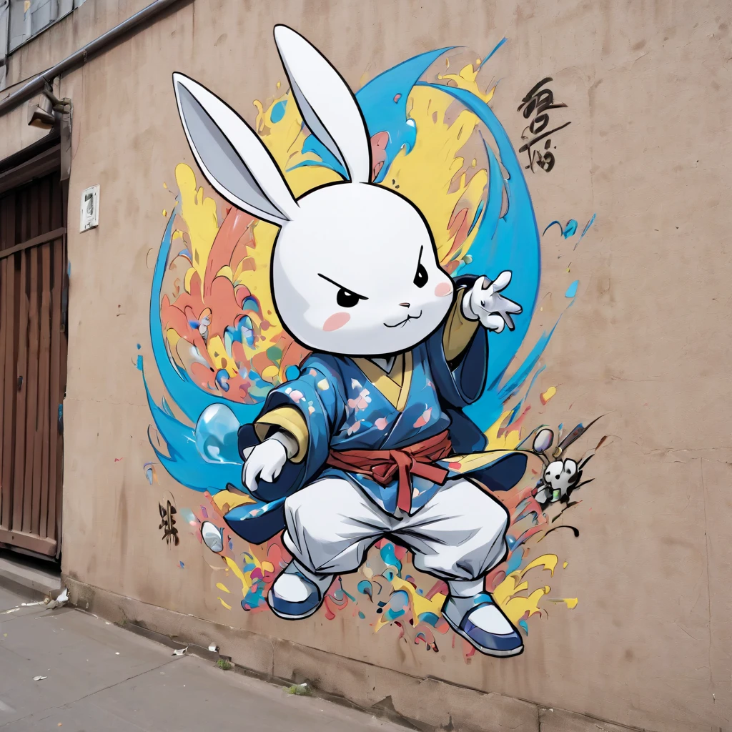 (masterpiece, best quality), magical Usagi Yojimbo Graffiti Comics on wall, ultra detail Graffiti background, wide shot, magical details, aerial view,