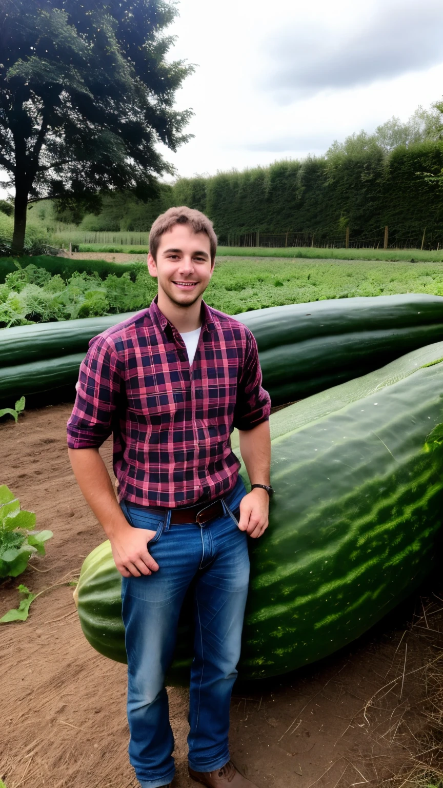a 25-year-old man in farmer's clothes, too happy because he found a giant cucumber in his garden