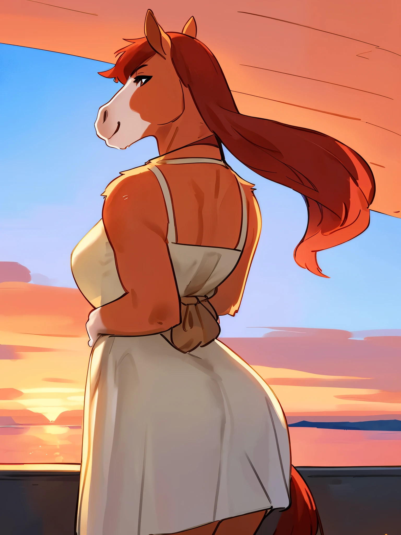 By bebebebebe, by lostgoose, by goonie-san, solo, female, (Horse), ((hair)), sundress, standing on a hill overlooking a beachside city, Italy, ((beautiful sunrise brilliantly filling the sky with hues of red and orange)), facing viewer, detailed eyes, smiling softly, hands behind back