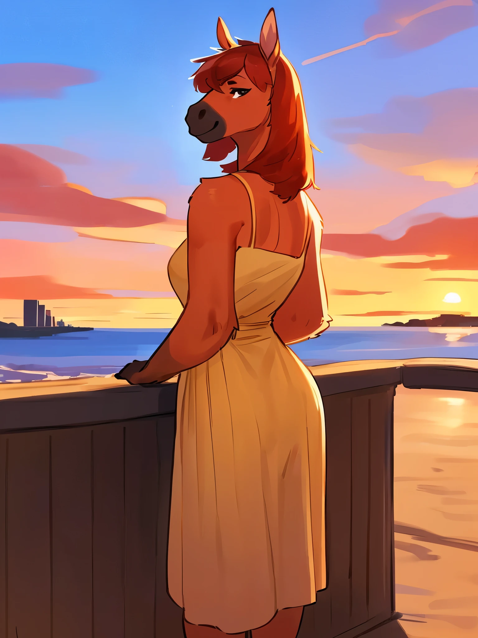 By bebebebebe, by lostgoose, by goonie-san, solo, female, (Horse), ((hair)), sundress, standing on a hill overlooking a beachside city, Italy, ((beautiful sunrise brilliantly filling the sky with hues of red and orange)), facing viewer, detailed eyes, smiling softly, hands behind back
