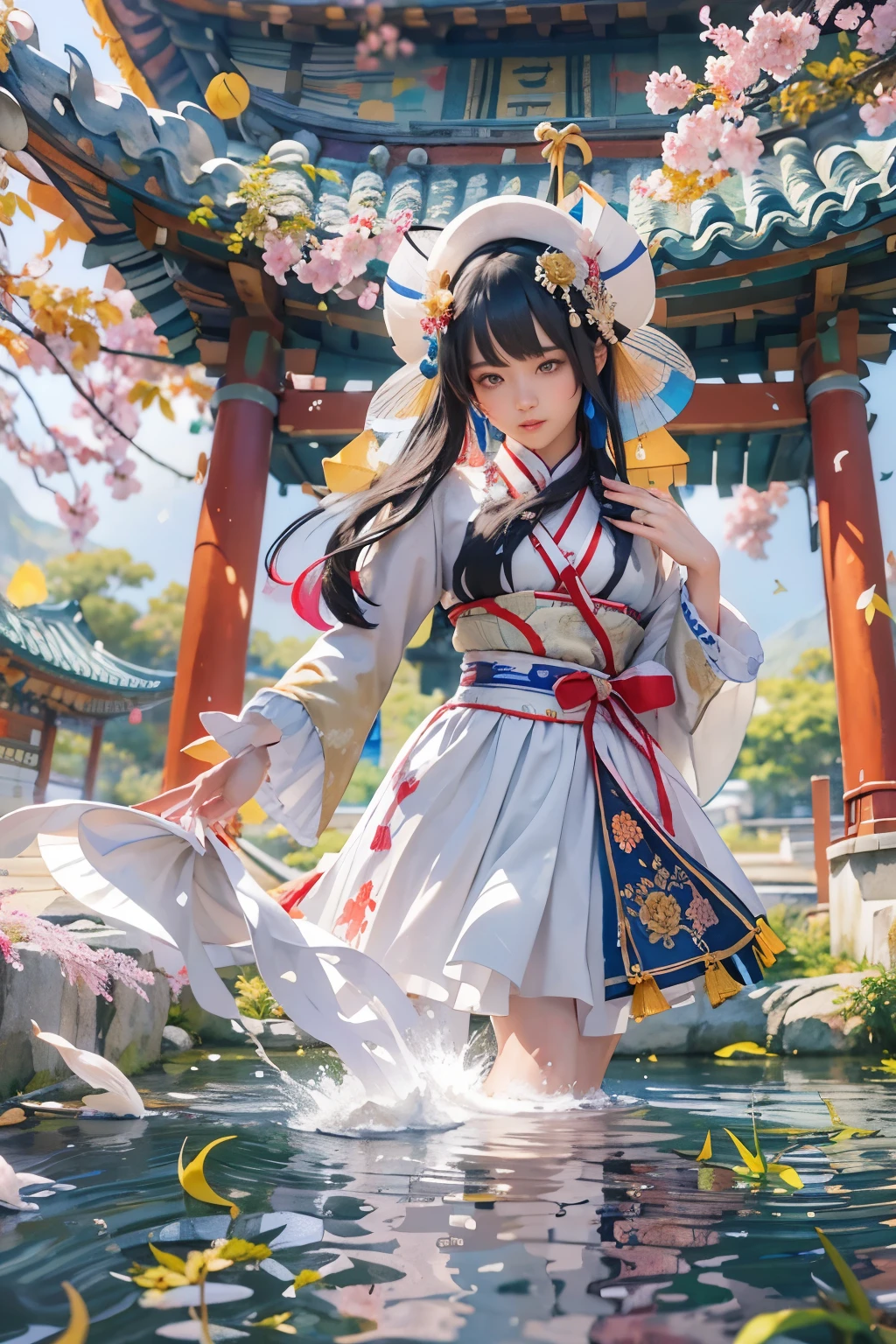 roof,(white background:1.4), ((tachi-e)), original,(figure:1.1),(highest quality),(masterpiece:1.1),(Highly detailed CG Unity 8k wallpaper:1.1), (colorful:0.9),(panoramic shot:1.4),(alone:1.2), (ink splatter),(splash of color),((watercolor)), clear and sharp focus,{ one girl standing },((Korean style )),flower background,outdoors,rock, looking at the viewer, look happy,soft smile,Pure,Beautifully detailed face and eyes,Beautiful and intricate garment decoration pattern details, black hair,black eye,color water