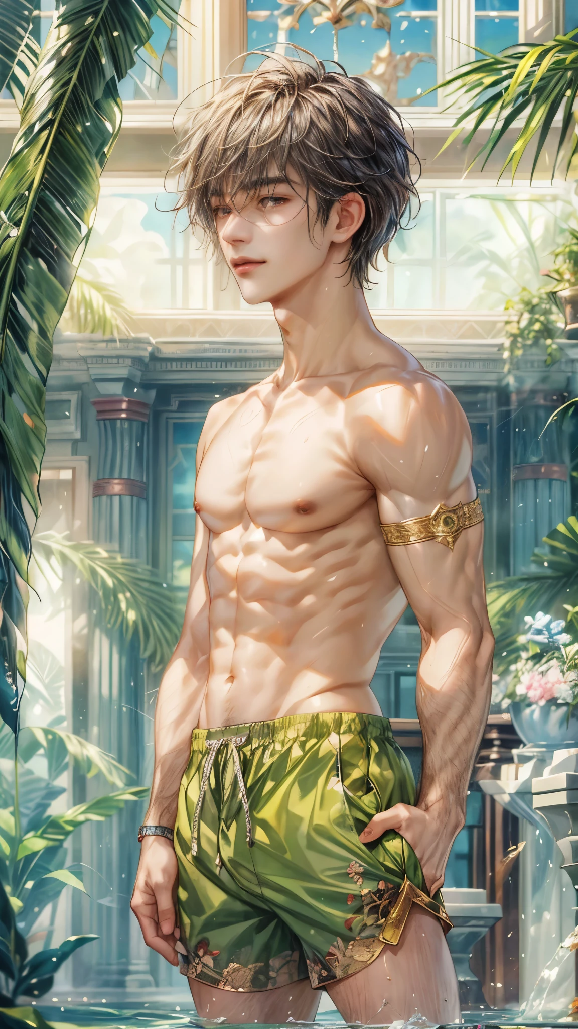 (absurdres, highres, ultra detailed, HDR), masterpiece, intricate, best quality, view from below:1.1, portrait of a handsome anime character from ayashino ceres, short hair, original hair, towel on shoulder, captivating scene , boy enjoying a luxurious poolside. happy face, topless, see through shirt showing chest, wearing very short shorts showing legs, slightly hairy, Incorporate elements of nature, architecture, and the character's unique charm to create a visually stunning and immersive environment, art kenouji.