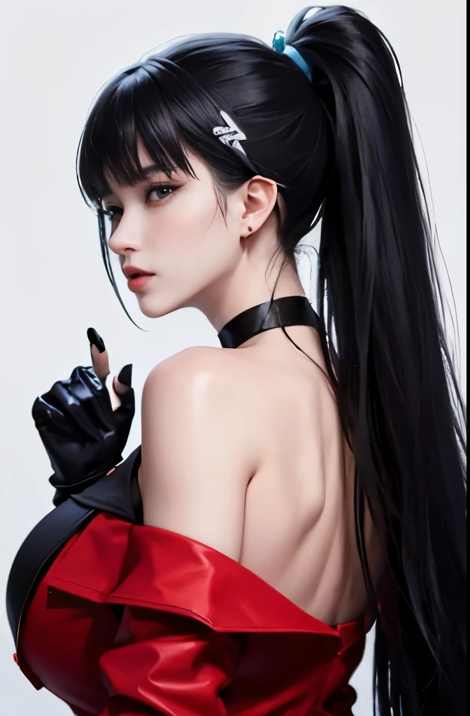 1 girl, aqua eye, return, ((big breasts)), bare shoulders, black gloves, red eyes, ( Ichinose Asuna, Blue archive), choker, earrings, fingerless gloves, from behind, gloves, black hair, holding, Jacket, jewelry, long hair, looking at the viewer, looking return, nail polish, off shoulder, parted lips, earrings, ponytail, red Jacket, alone, Upper body,he didn&#39;t,[[realistic]],(shiny skin),(masterpiece:1.4),(highest quality:1.4)