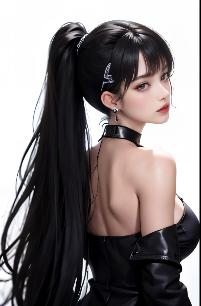 1 girl, aqua eye, return, ((big breasts)), bare shoulders, black gloves, red eyes, ( Ichinose Asuna, Blue archive), choker, earrings, fingerless gloves, from behind, gloves, black hair, holding, Jacket, jewelry, long hair, looking at the viewer, looking return, nail polish, off shoulder, parted lips, earrings, ponytail, red Jacket, alone, Upper body,he didn&#39;t,[[realistic]],(shiny skin),(masterpiece:1.4),(highest quality:1.4)