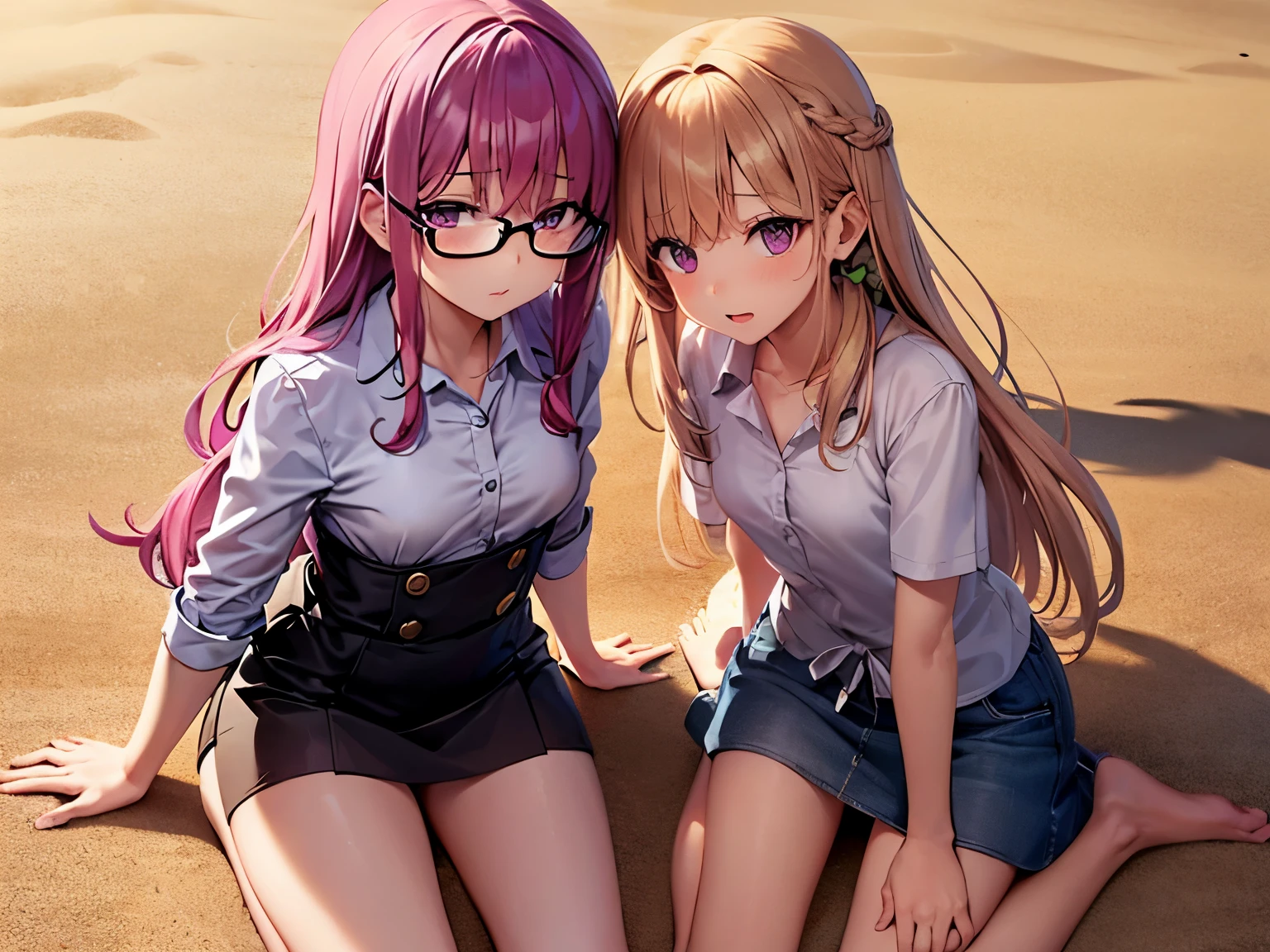 Pink Haired Girl, shyุ 25 ปี,  body, purple eyes, long hair,Green braid tied in bows left and right.....wear glasses........small breasts, Wear a white shirt... Wear a black miniskirt... From America...,(shy).....The background is a sandy beach. Picture R18