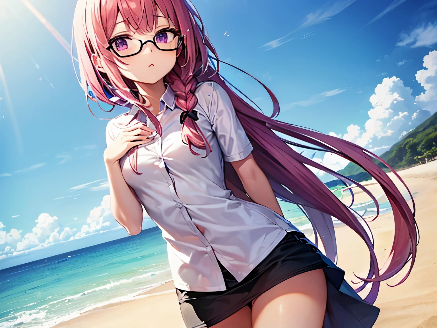 ((Highest quality)), ((masterpiece)), ((detailed)), (4K), nsfw, 1girl, 独奏, multicolored hair, lightpink hair, black hair, side-tie panties, white T-shirt, glasses, medium breasts, spread legs, (looking down), (from above), looking at viewer, wet, sweat, blush, angry