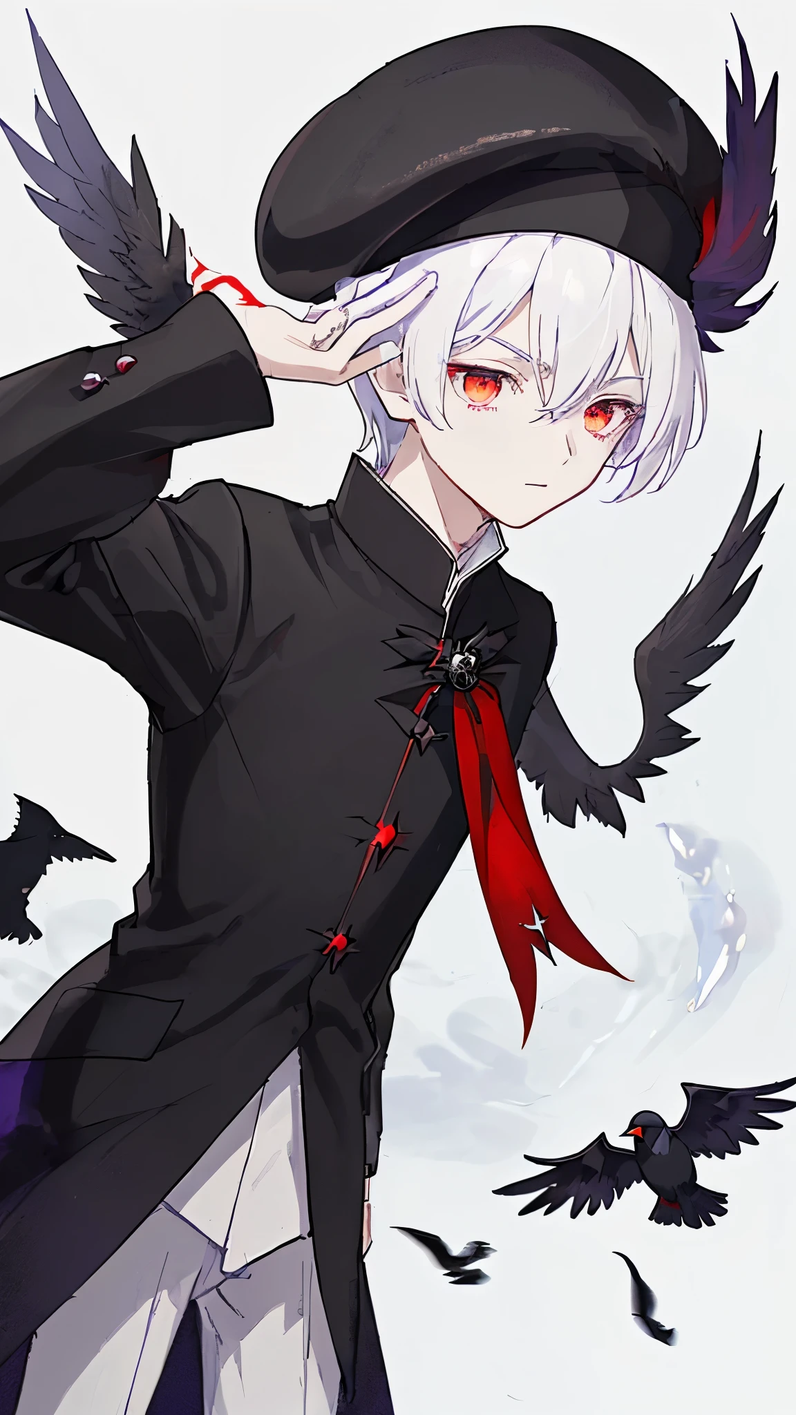 A mage with black wings, from down perspective, heroic, white eyes, white hair, small elegant red French beret, red and black clothings, 1 boy, cloudy day, Ravens on sky, 
