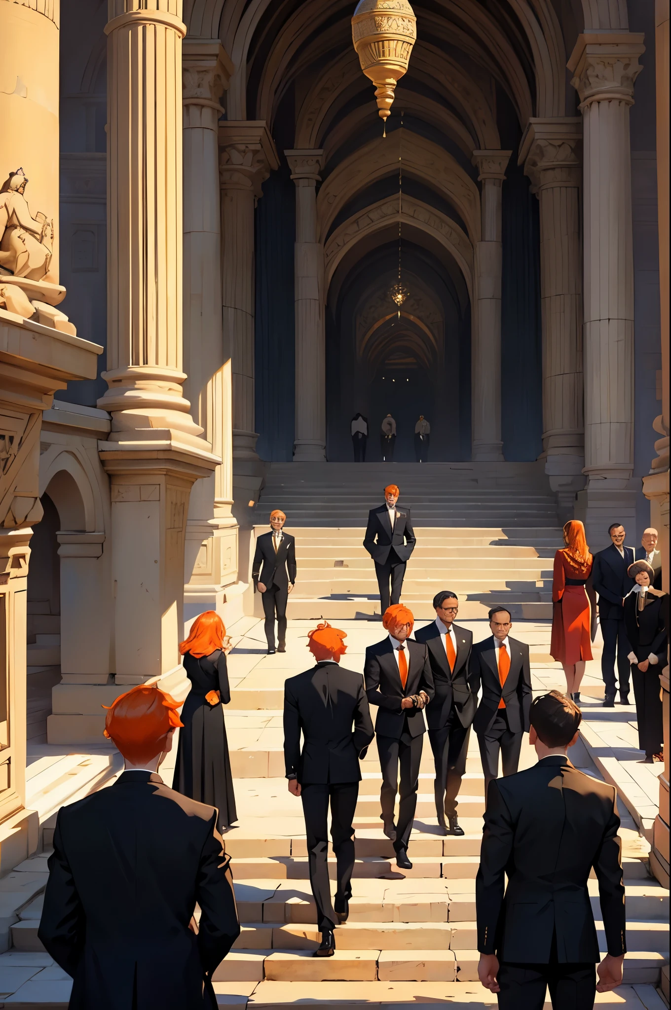 a group of -yeld pee gathered with orange hair, black and orange suits, elegant but going to a funeral, they are sad and crying, in the background you can see an elegant Arab city with pyramids and gardens