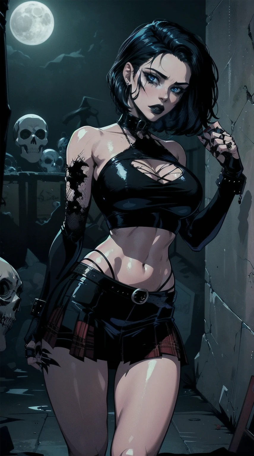moonlight , a woman with short black hair, hair on shoulders, wearing a black cropped and plaid skirt, blue eyes, zombie art, gothic art, cute aesthetic with vibe, toon aesthetic, wearing red costume, wearing gothic accessories, look like Cassie Hack, whole body, holding a skull in his hand, horror background