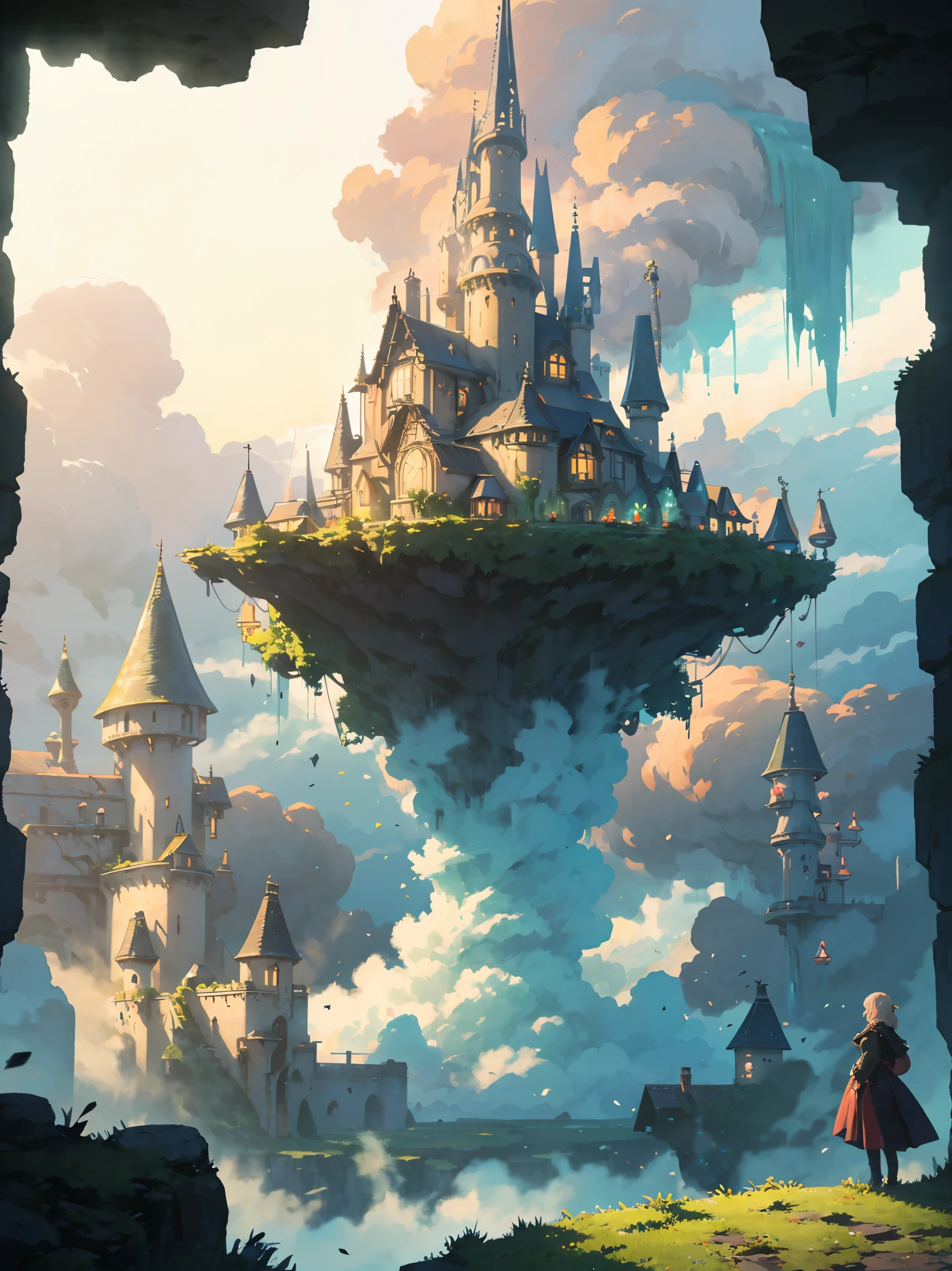A girl standing in front of Howl's Moving Castle, beautiful detailed eyes, beautiful detailed lips, extremely detailed eyes and face, long eyelashes, medium: oil painting, ultra-detailed, realistic: 1.37, best quality, vibrant colors, magical atmosphere, steampunk style, moving machinery, mysterious smoke, floating islands, intense sunset, dynamic lighting, whimsical characters, lush greenery, cascading waterfalls, sparkling stars, unique architecture, intricate details, enchanted ambiance, fantasy world, whimsical fashion, dream-like tones, vibrant hues.