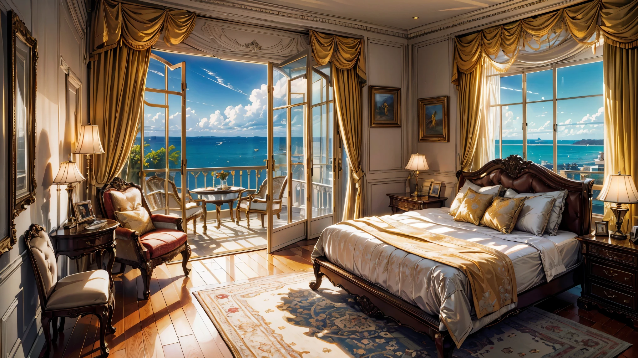 (Masterpiece, Best quality, A high resolution, ultra detailed), large luxury bedroom with sea view, large luxury bed with yellow bedspread, yellow curtains on the windows, bedside tables with table lamps, luxury armchair, bookshelf, many colors, panoramic window overlooking the sea, going out on the balcony, 