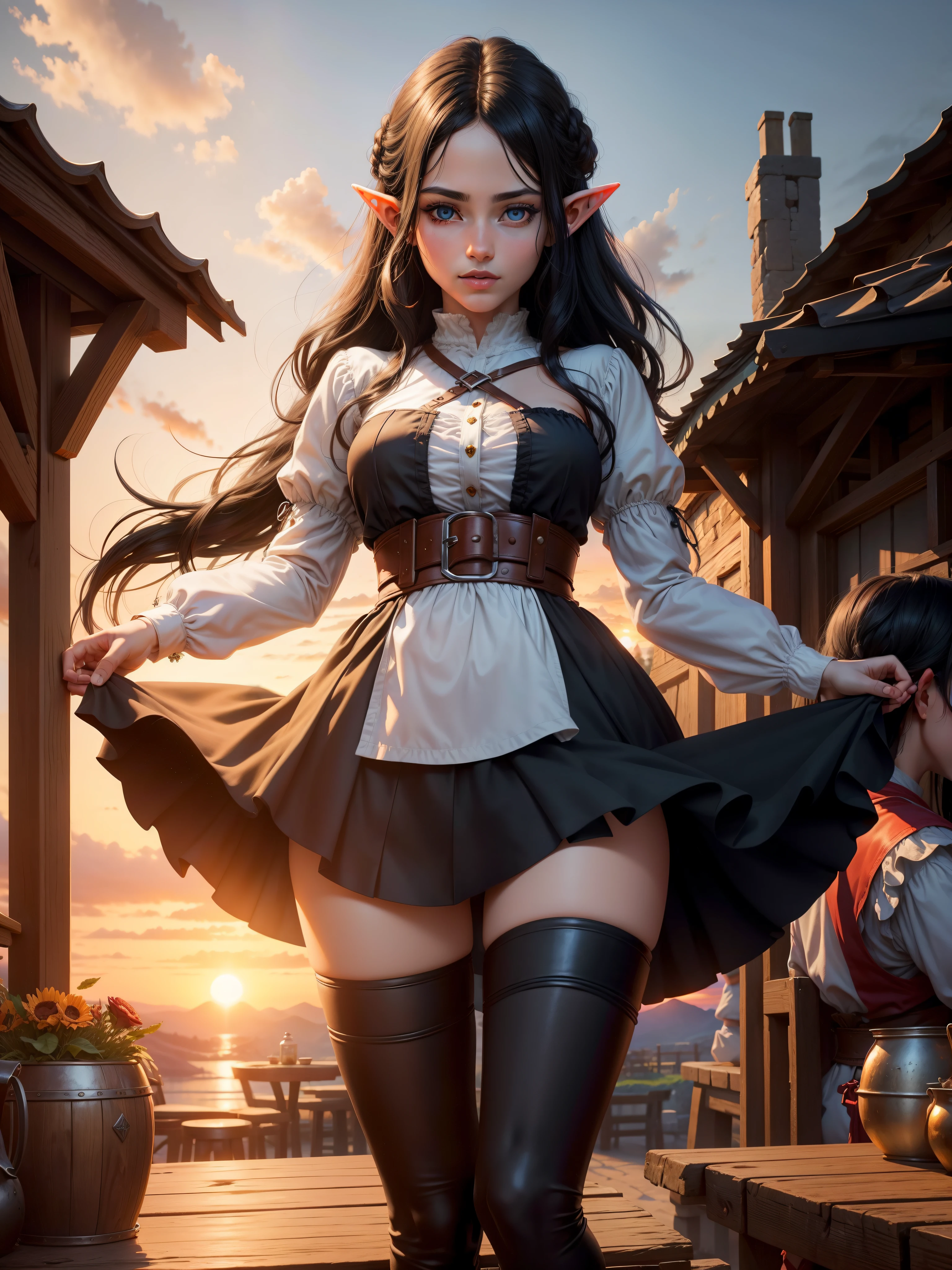 Elf Girl black hair.,colorful eyes, ((full body)), (perfect_fingers:1.0), (perfect_legs:1.0), More_Detail, better_hands. sunrise,beautiful sky ,colorful sky, medieval outfit , people in background,inside a tavern ,medieval tavern, adventurers
