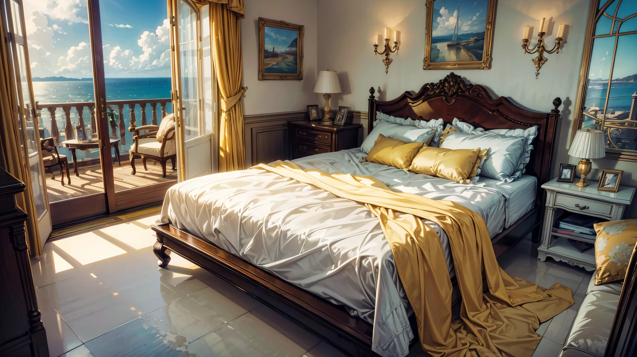 (Masterpiece, Best quality, A high resolution, ultra detailed), large luxury bedroom with sea view, large bed with yellow bedspread, yellow curtains on the windows, bedside tables with table lamps, armchair, bookshelf, many colors, panoramic window overlooking the sea, going out on the balcony, 