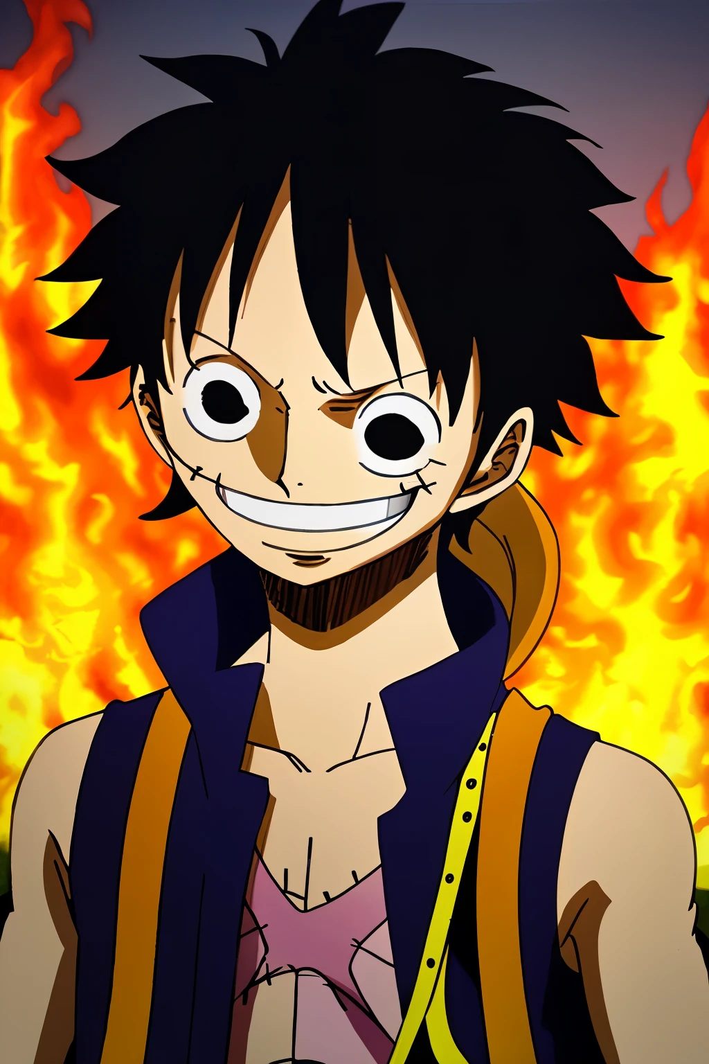 1boy,Studio Ghibli Style, monkey d luffy, smiling, straw hat, looking at viewer, solo, upper body, ((masterpiece)), (best quality), (extremely detailed), depth of field, sketch, dark intense shadows, sharp focus, soft lighting, hdr, colorful, good composition, fire all around, spectacular, closed shirt, anime screencap, scar under eye, ready to fight, black eyes