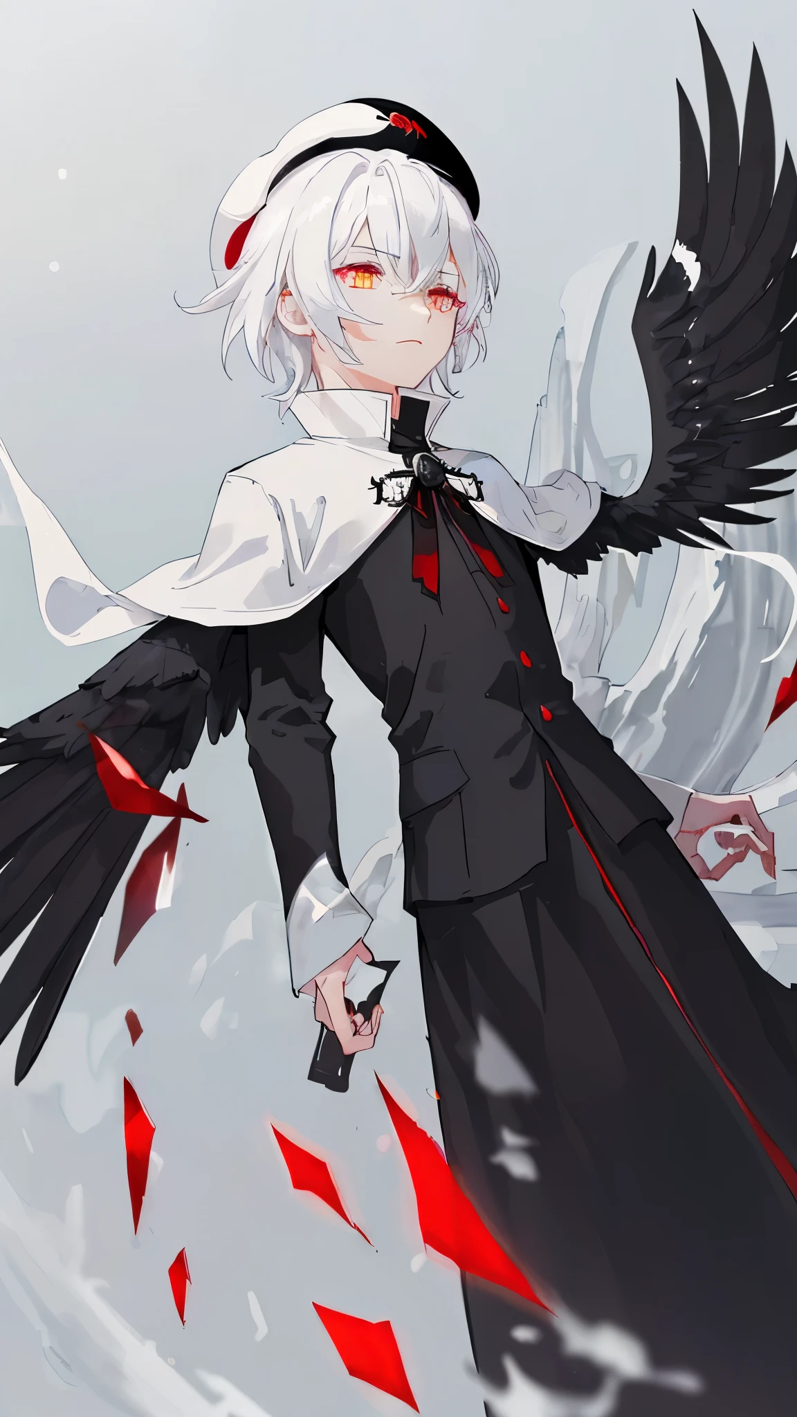 A mage with black wings, from down perspective, heroic, white eyes, white hair, small elegant red French beret, red and black clothings, 1 boy, cloudy day, Ravens on sky, 