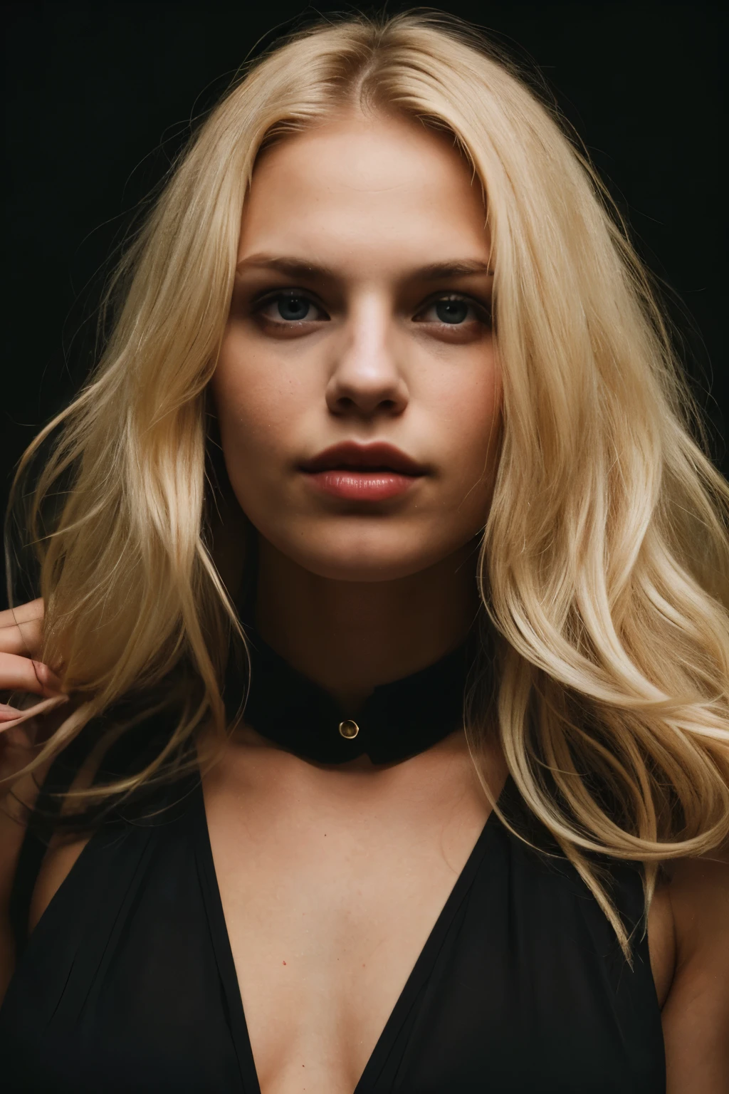 super cute blond woman in a dark theme