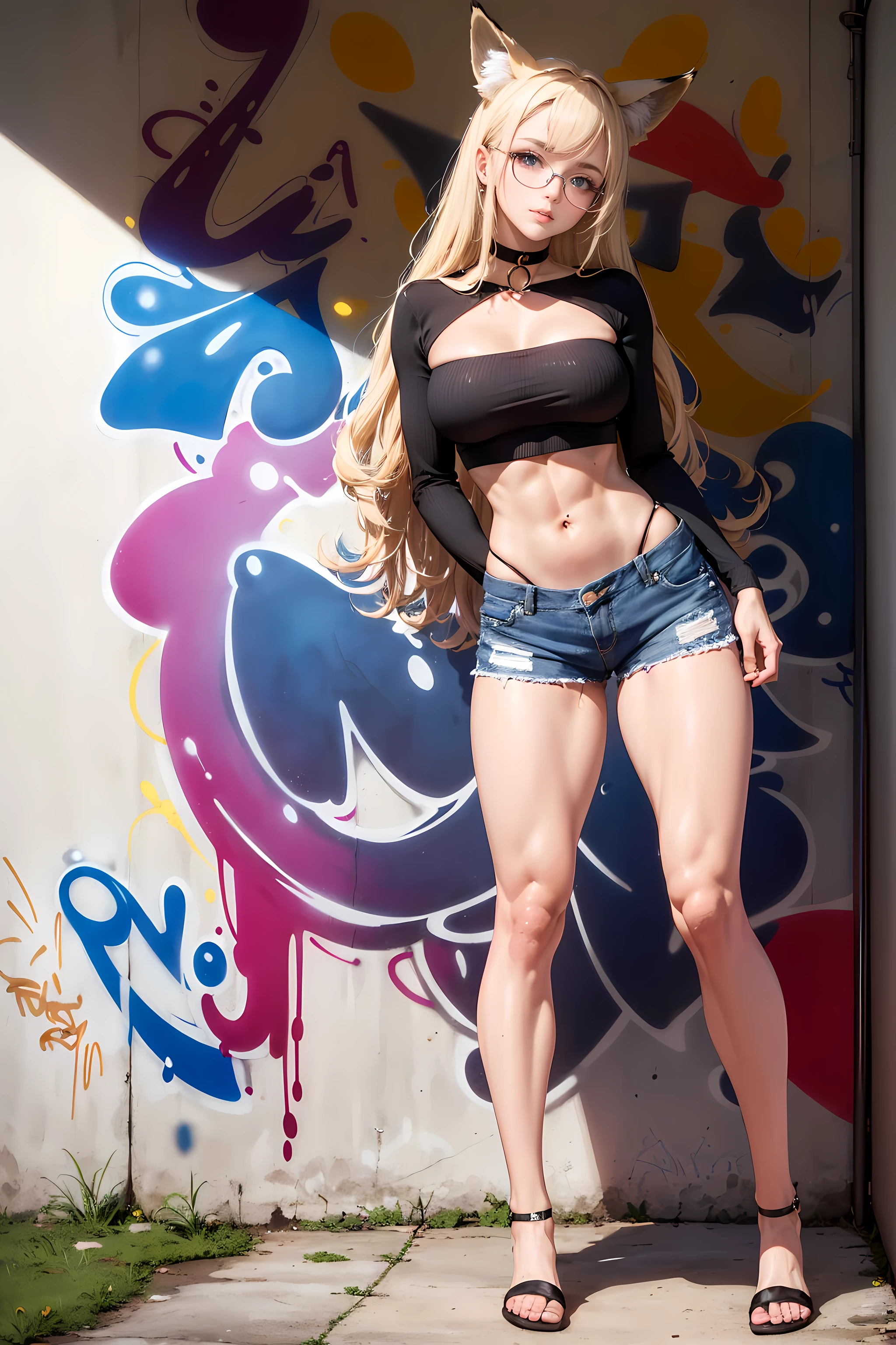 masterpiece, best quality, (extremely detailed CG unity 8k wallpaper, masterpiece, best quality, ultra-detailed, masterpiece, best quality, 1girl, solo, crop top, denim shorts, choker, (graffiti:1.5), paint splatter, arms behind back, against wall, looking at viewer, paint on body, head tilt, blonde hair, purple eyes, anime girl with purple eyes and long blonde hair, fox anime girl, yandere intricate, hourglass figure, xxmix_girl, fullbody, full body, long blonde hair, creating a stunning aesthetic and atmosphere with a rating of 1.2., xxmix girl woman, fox ears, asian american, purple eyes, cool pose, with toned muscular abs, glasses on her face, 1 fox tail coming from behind her, muscular, long legs, legs, full-body_, full-body_portrait, full-length_portrait, full, mature girl, adult, ((glasses)), skinny, skinny legs, 1 girl, sexy, rha30, (full body), (fox ears), Thick Thighs, Thigh Gap, Wide Hips, Thin Waist, csr style, sexy, high_res, high_resolution, hires, (skinny long legs), 
