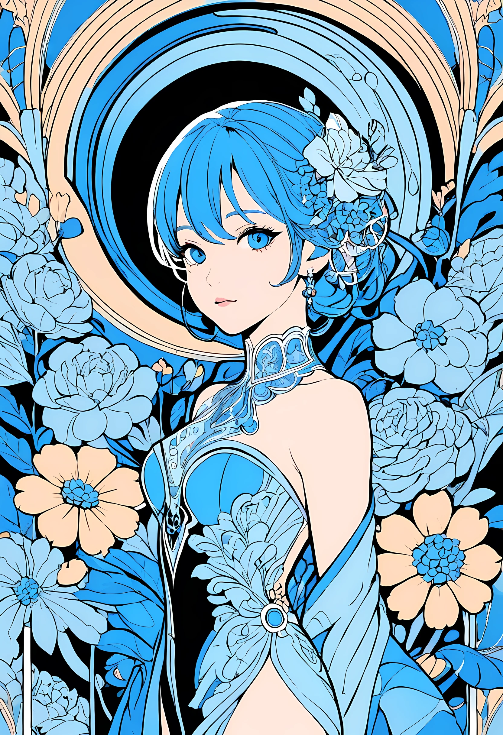 masterpiece, best quality, 1 girl, flowers, flat color, line art, Abstract, Gorgeous, blue theme