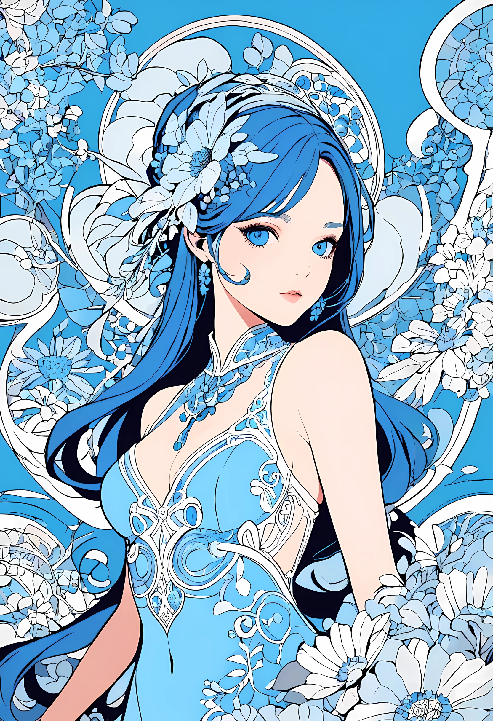 masterpiece, best quality, 1 girl, flowers, flat color, line art, Abstract, Gorgeous, blue theme