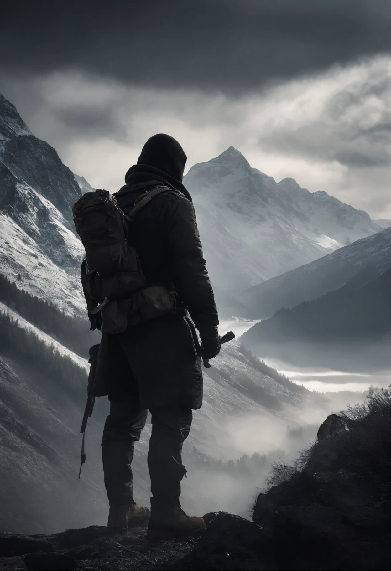 highres:1.2,realistic)man,covered face, mountain, dark atmosphere,dramatic lighting,rough texture,ominous sky,militant,fierce expression,shadowy figures,camouflage clothing,piercing eyes,tense atmosphere,mysterious,decorative headgear,gritty details,harsh environment,remote location,minimalistic background,strong contrast,strong shadows,warrior,hidden identity,loneliness,survival instincts,impending danger,exotic landscape,untamed wilderness,controlled aggression,determined stance,seriousness,rough terrain,stealth,unyielding spirit,unpredict((masterpiece:1.4,best quality)), cloud, outdoorountains), spring glade, scenery, sky, winter, (early morning:1.4),morning red, high detail, abundant, 8k, high detail, wallpaper,