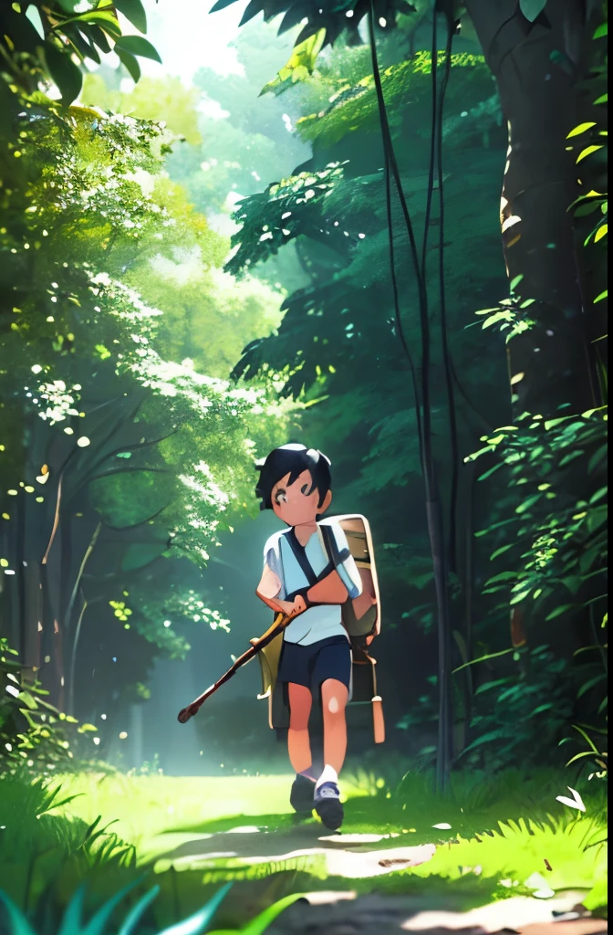 Create an illustration of a small adventurer in a lush landscape. The adventurer has black hair, brown eyes, and an Asian face. They are wearing a white shirt, brown shorts, and carrying a small cream-colored backpack. The adventurer is depicted in the midst of a dense teakwood forest, with sunlight streaming through the foliage. The camera angle is positioned behind the adventurer, slightly lower, capturing them at the center of the frame. They stand on a brown dirt pathway bordered by small wild grass and fallen teak leaves. The adventurer's gaze is directed towards the camera, evoking a sense of curiosity and wonder. The illustration should be done in the style of Studio Ghibli anime.