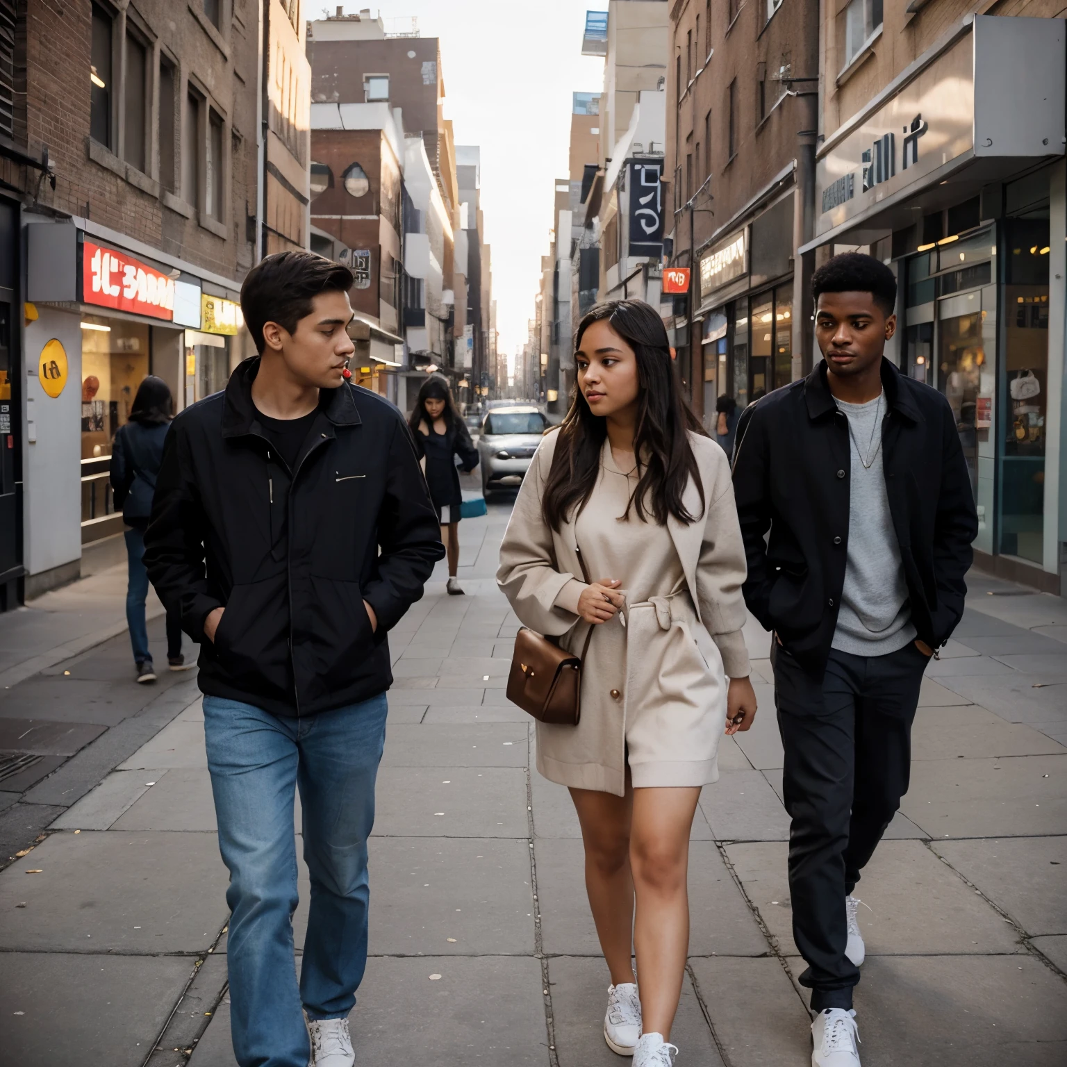 Two lovers are walking on the street of the city. The 25-year-old boy is reading the 23-year-old brown-skinned, round-faced girl.