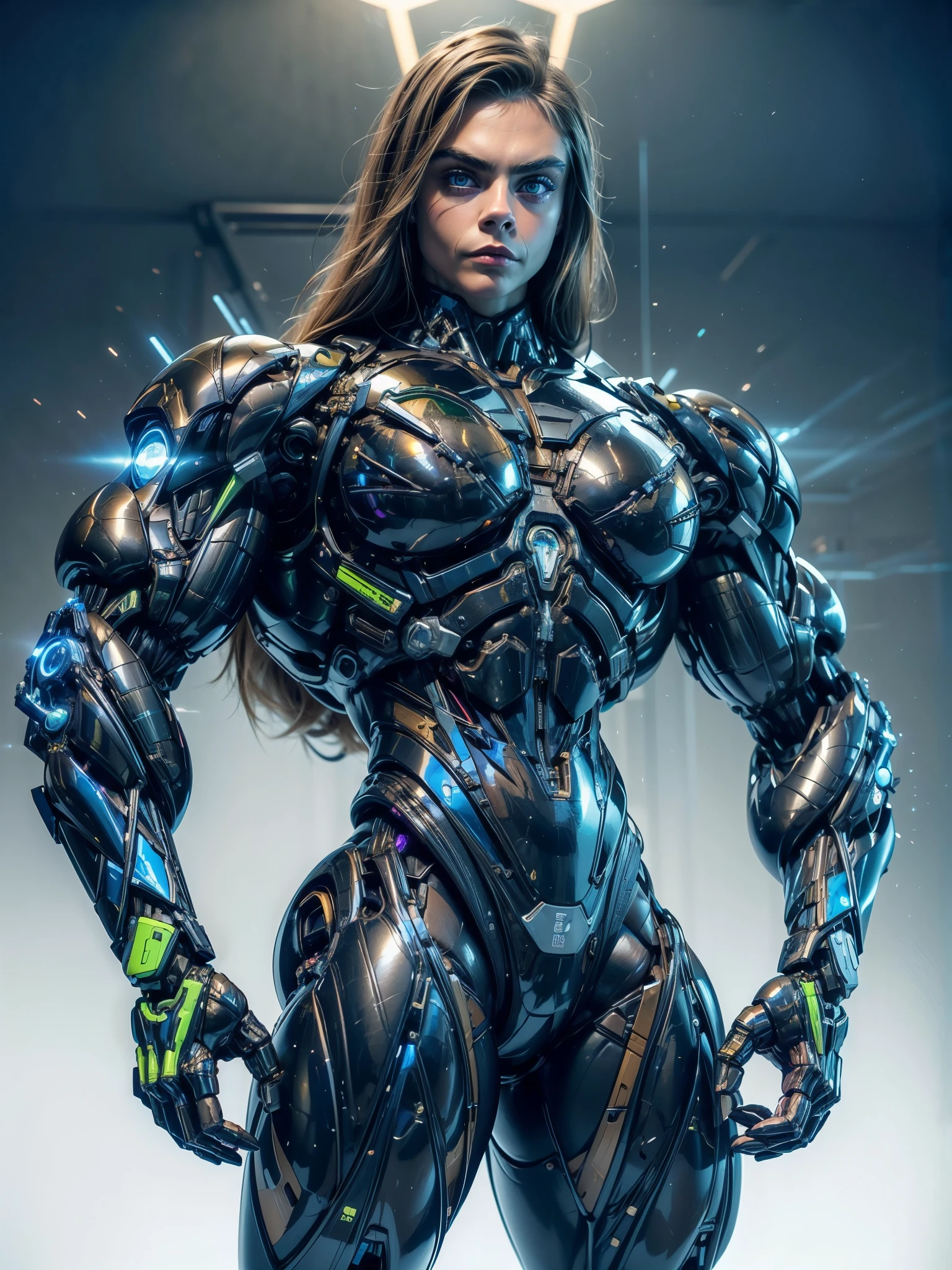 (1 girl), (cara delevingne), (muscular bodybuilder android girl wearing a tight cybernetic bodysuit :1.45), (long hair), (muscular cybernetic bodysuit), (huge oversized arms:1.25), blank background