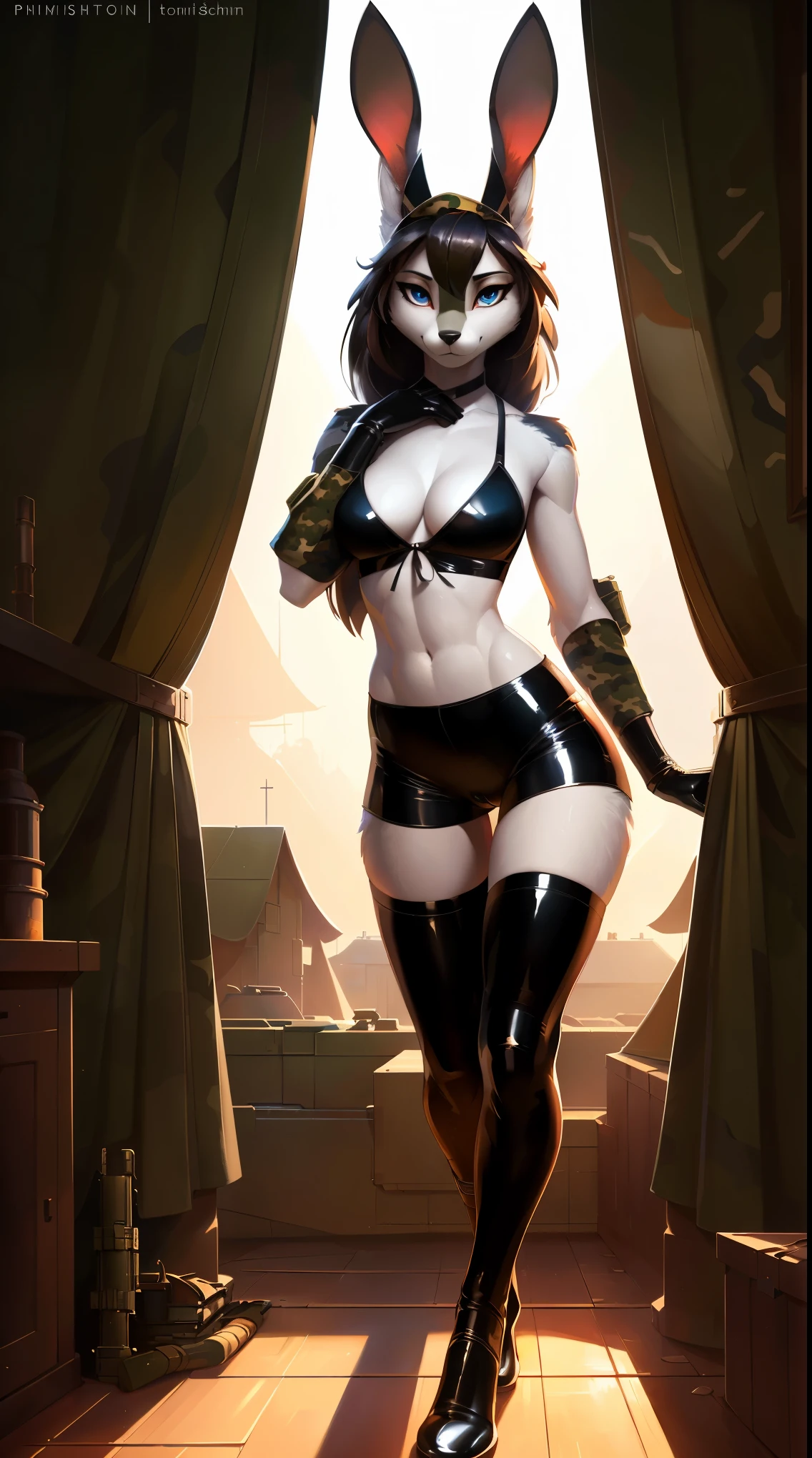 uploaded on e621, by Pixelsketcher, by Bayard Wu, by Thomas Benjamin Kennington, by Einshelm, solo anthro, young girl, ((Portrait)), ((military uniform:1.4)), warhammer 40 000, ((camouflage clothing:1.3)), (legwear, sexy thighhighouth open)), (detailed Bonifasko lighting), (Detailed fur), (detailed skin), (Cinematic lighting), ((Detailed background, military camp) (Surrounded by lustful soldiers)), (NSFW:1.3), (half body shadow), [Backlighting], [explict content], [sharp-focus], (Questionable content), (shaded), (Masterpiece), Long hair, Average Breasts, (Fluffy bunny, white bunny, young bunny), (fluffy fur, fluffy tights, fluffy cleavage), Wavethesallow Face, furry fantasy art, anthro art, commission for high res, Furry art, pov furry art, Sakimichan is beautiful, Masterpiece, Best Quality, Detailed image, Bright colors, Detailed Face, perfect lighting, Perfect shadows, Perfect eyes, focus on girl, flawless face, gorgeous body, Hourglass body, shiny body, feet focus, Fluffy, fluffy girl, Body fur, Animal nose, bunny muzzle, gaze at the viewer, half closed eyes, 1girl, full body, (Masterpiece), (Best Quality), (illustartion), (Cinematic lighting), Detailed fur, (Erotic), Furry, anthro, (attractive body), sexy body, looking a viewer, seductive gaze, Suggested Pose, ((patent leather tight shorts))
